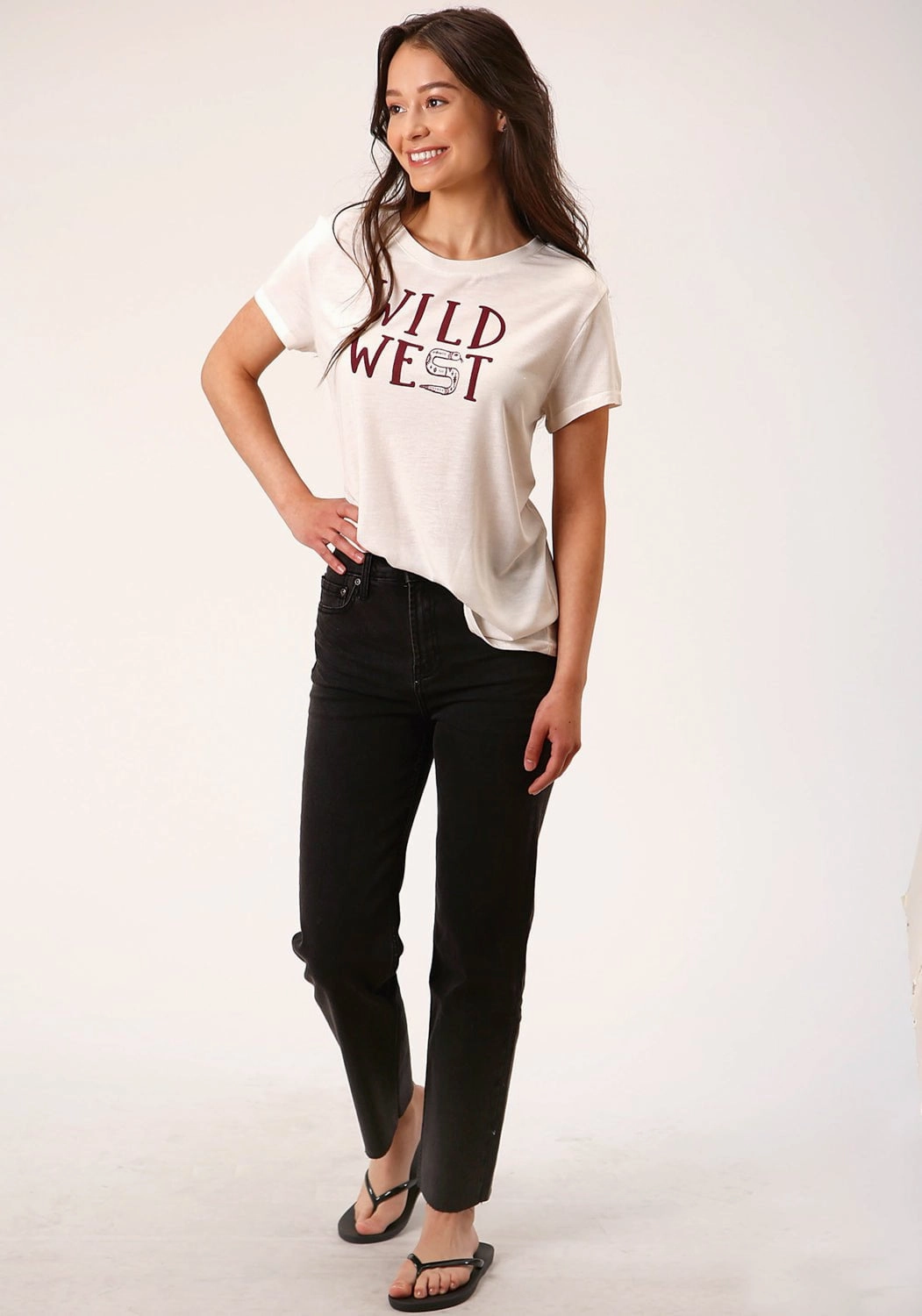 Gift Idea Seamless Sides Roper Womens Wild West Ivory Poly/Rayon S/S T-Shirt