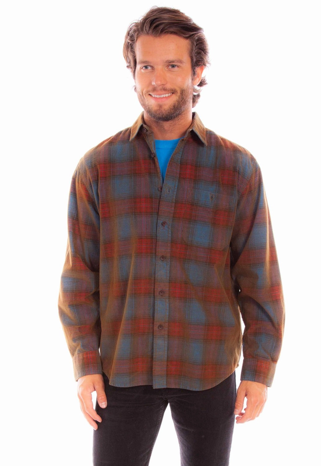 Contemporary Design Scully Mens Corduroy Plaid Red/Blue 100% Cotton L/S Shirt