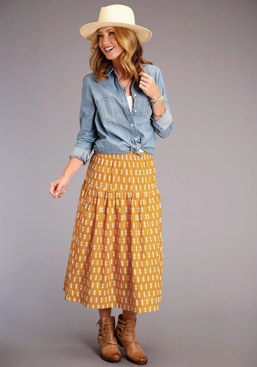 Stetson Womens Yellow 100% Cotton Aztec Schiffli Skirt Oversized style