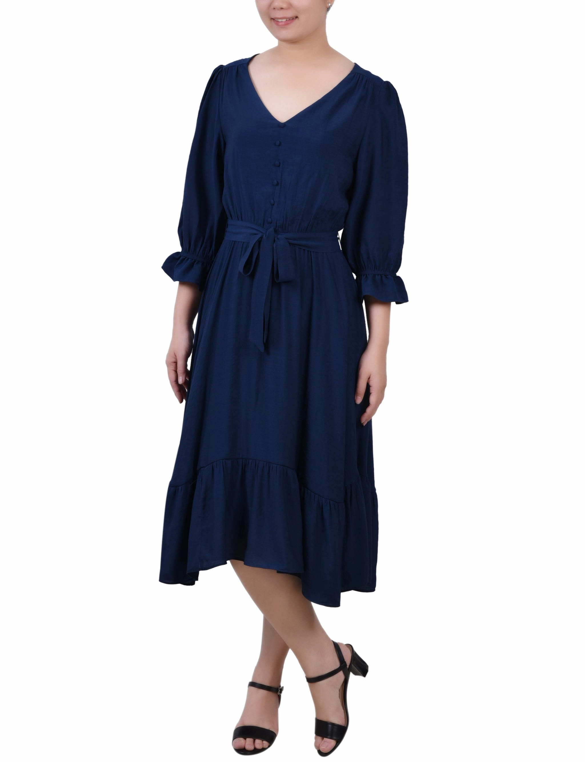 Ruched-Detail Soft cotton blend dress 3/4 Sleeve Flounced Dress