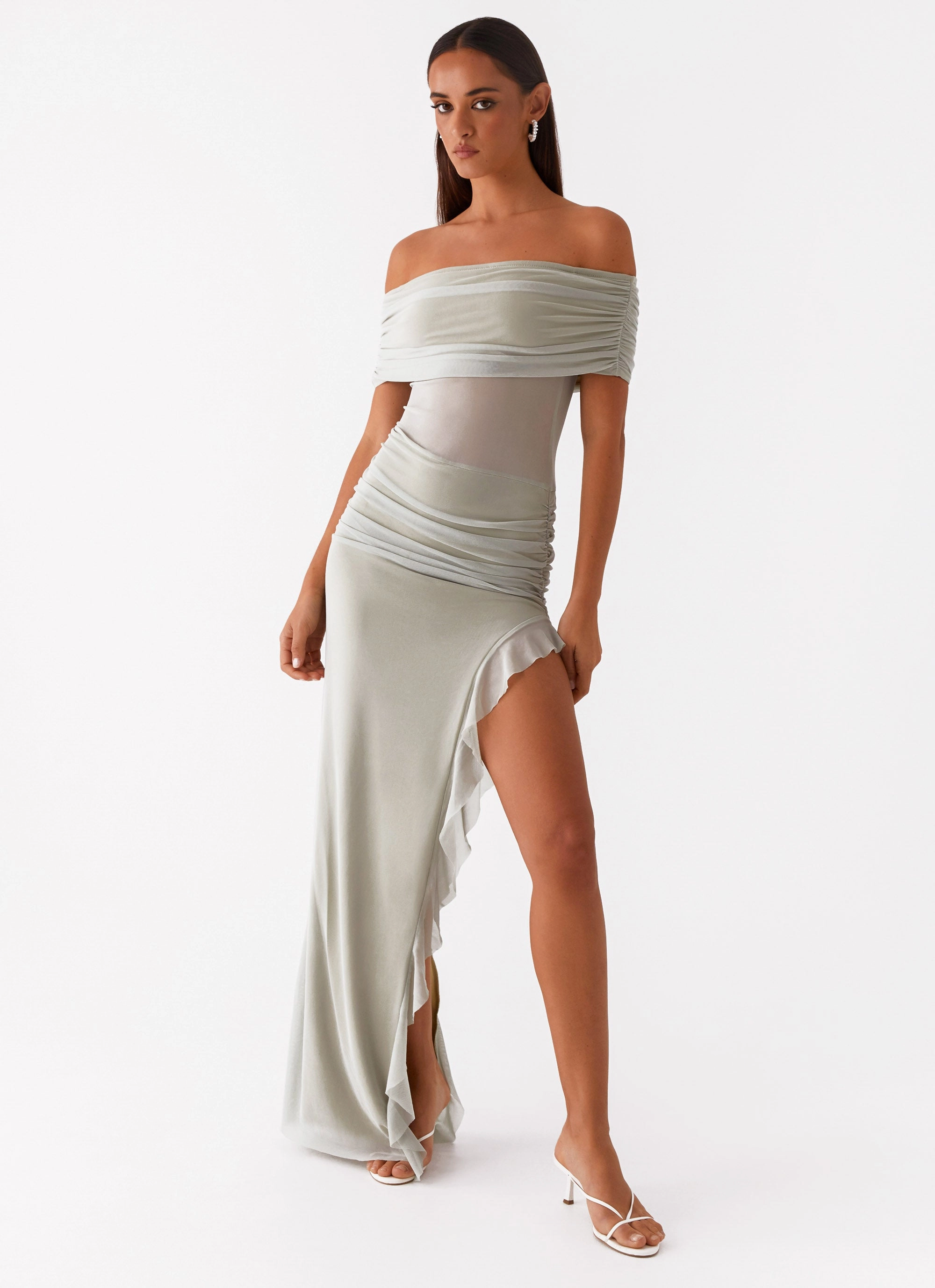 Nelly Off Shoulder Maxi Dress - Pistachio Smooth Mood Silky-Feel