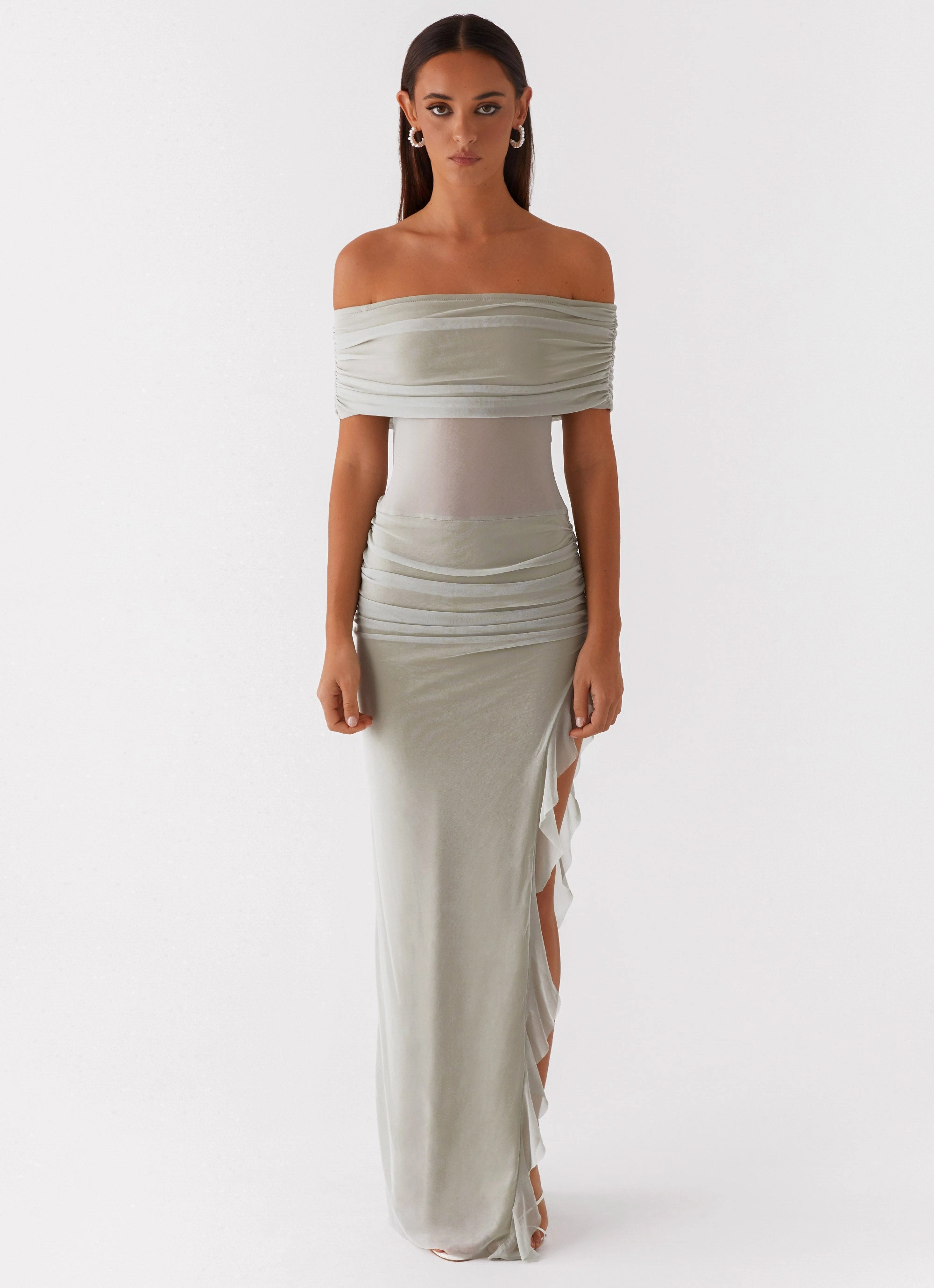 Nelly Off Shoulder Maxi Dress - Pistachio Sophisticated Coat