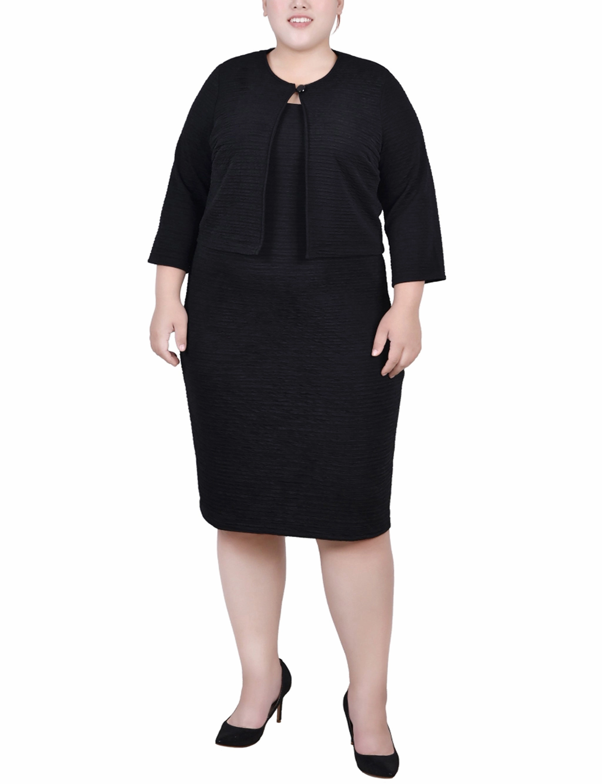 Perfect Fit Plus Size Textured 3/4 Sleeve 2 Piece Dress Set