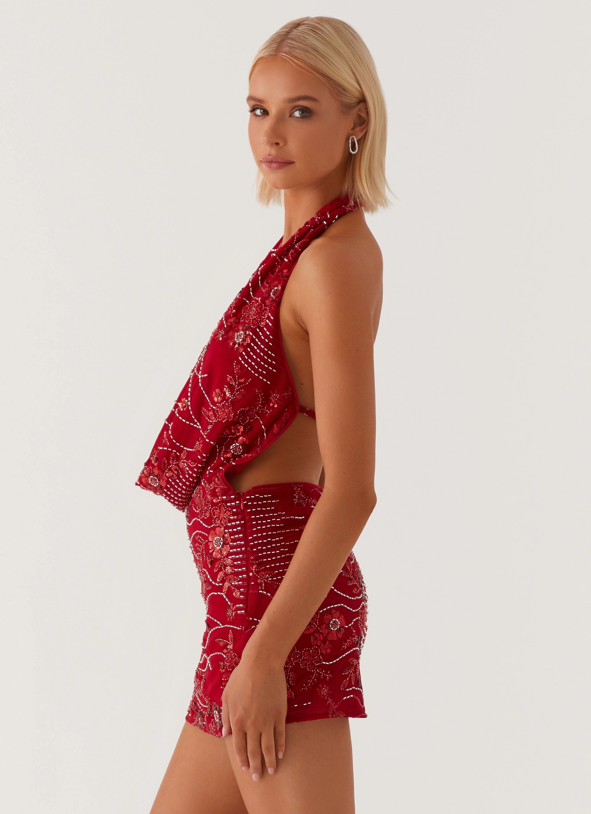 Minimalist fit-and-flare Olisa Cowl Neck Beaded Mini Dress - Red