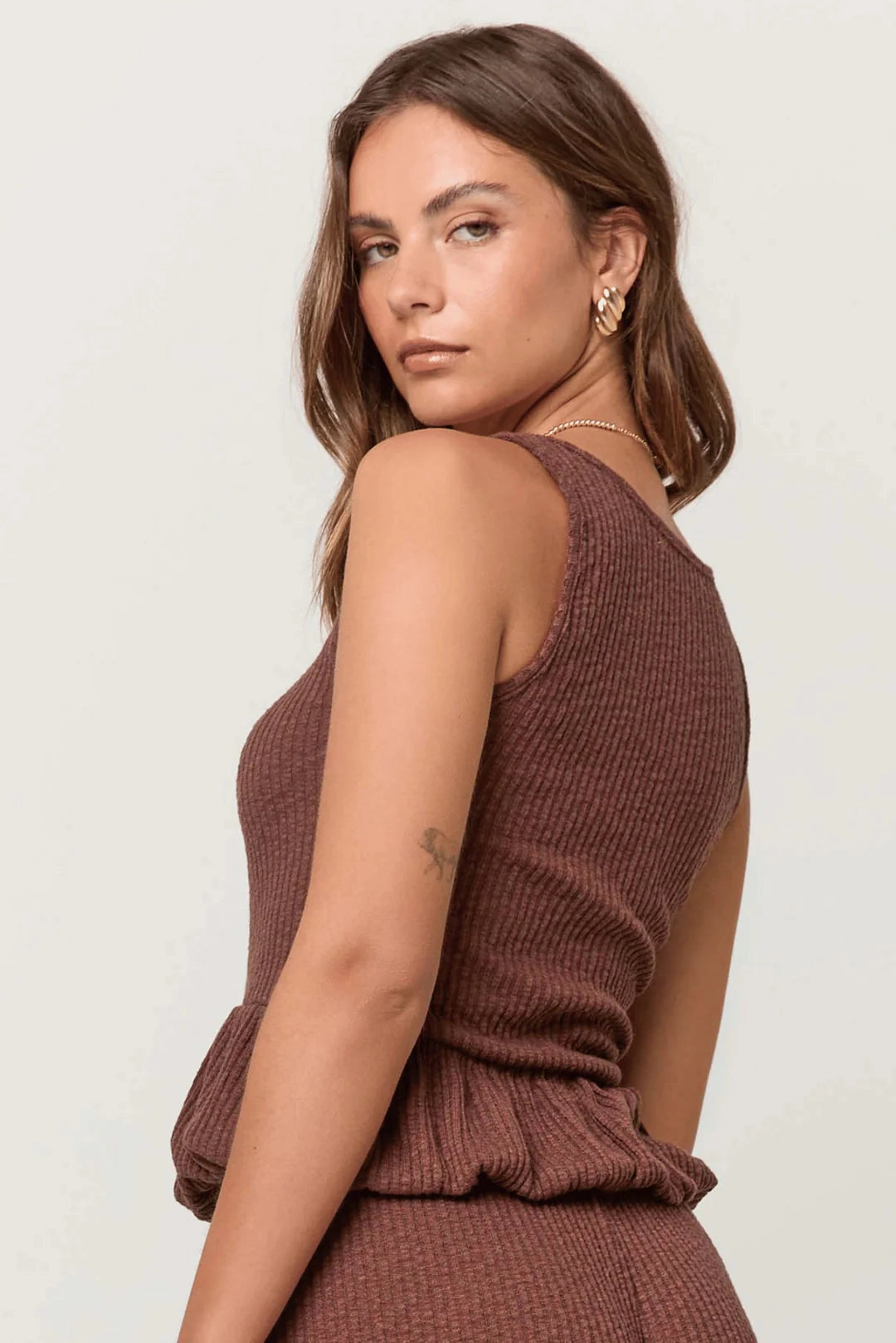 WrinkleResistantFinish Laser Cut Edges Monterosa Ribbed Peplum Tank Top - Cacao