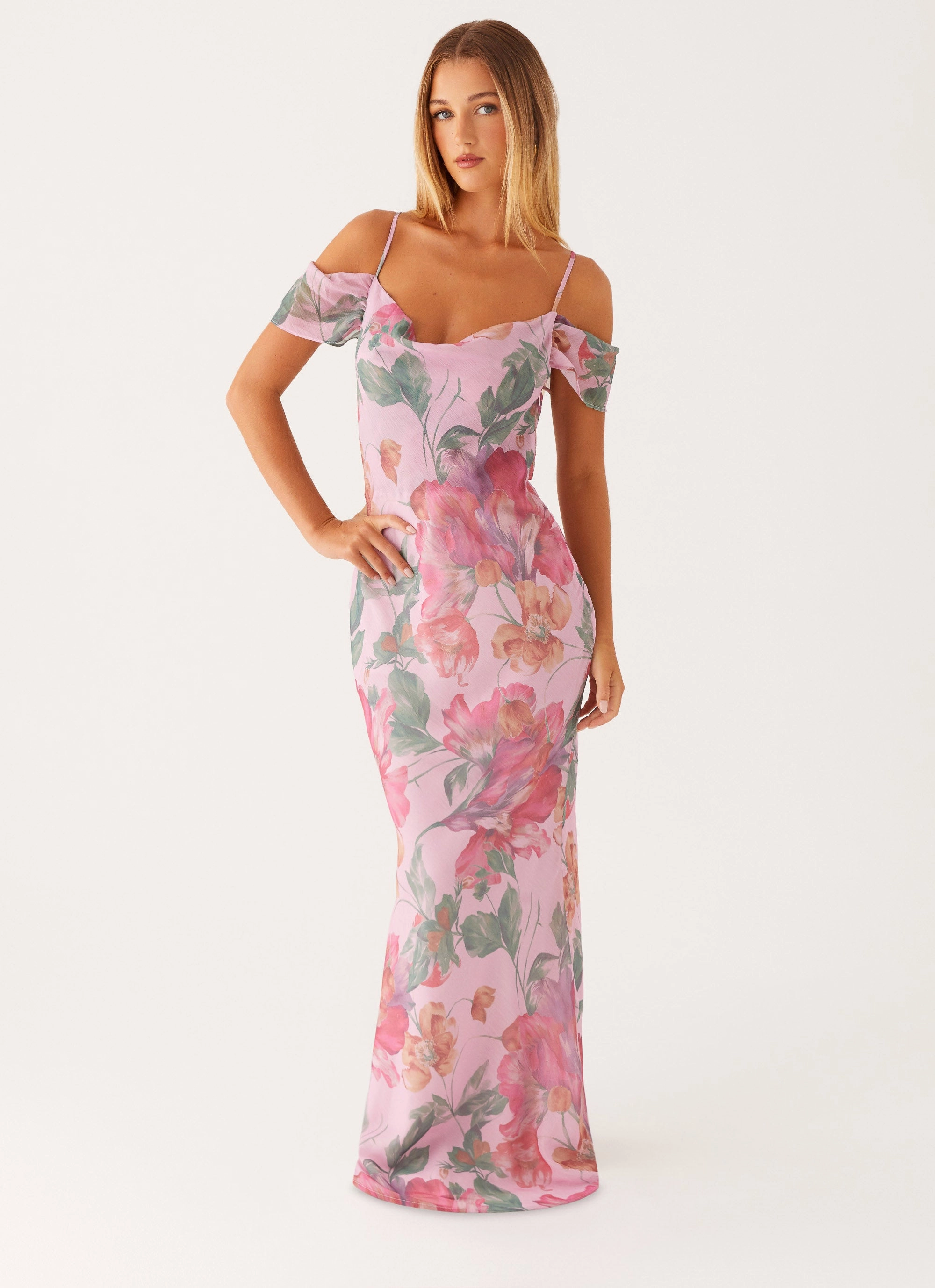 Seline Maxi Dress - Pink Floral Knee Length Autumn Outerwear