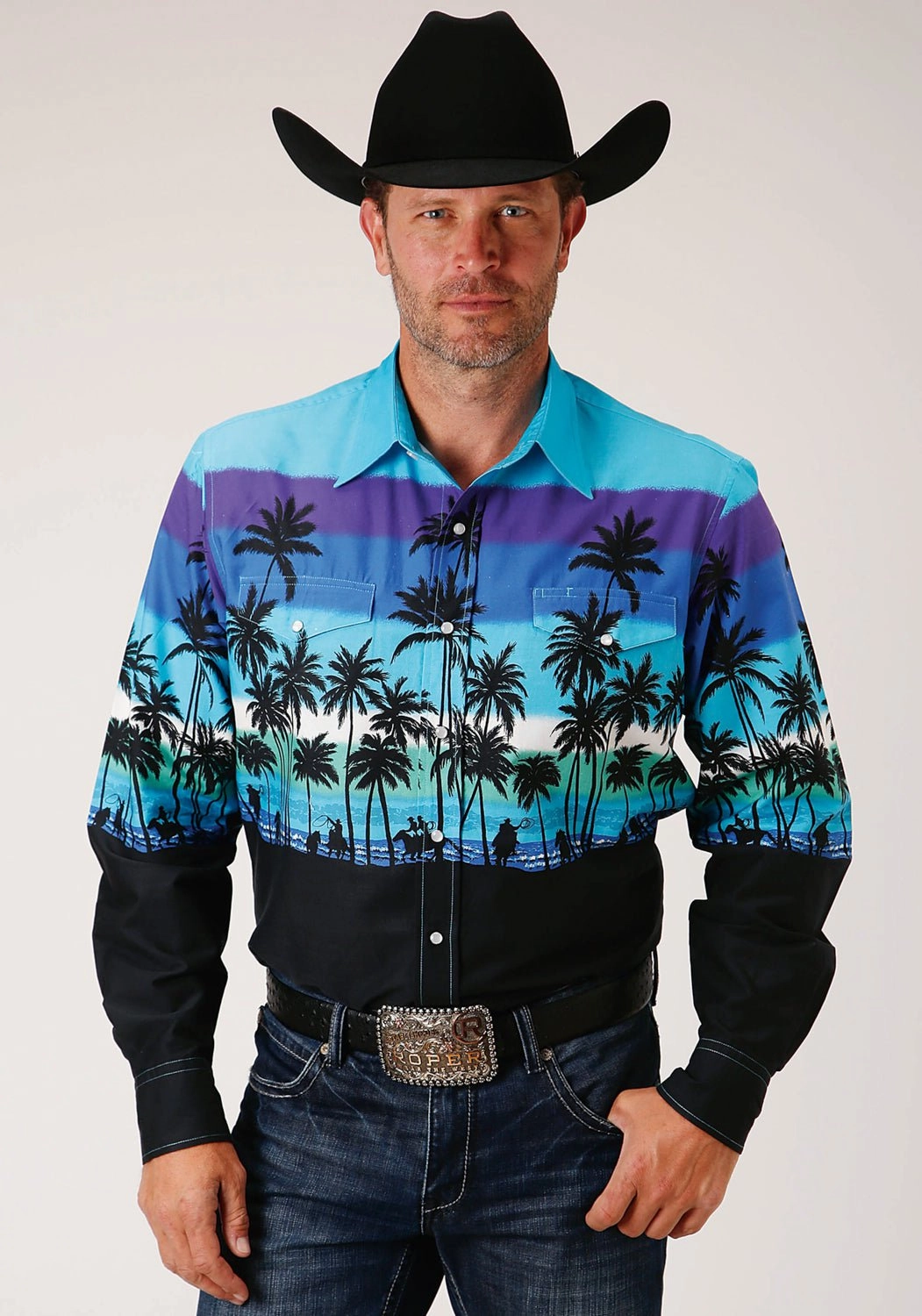 On-The-Go Style Roper Mens Blue 100% Cotton Beach Roundup L/S Snap Shirt