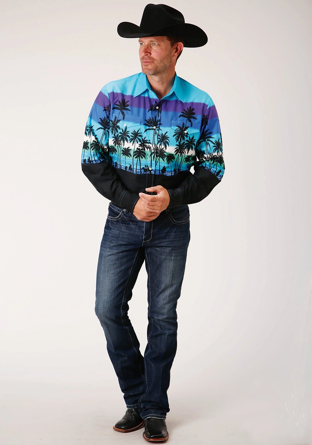 Roper Mens Blue 100% Cotton Beach Roundup L/S Snap Shirt Unisex Option