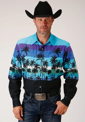 On-The-Go Style Roper Mens Blue 100% Cotton Beach Roundup L/S Snap Shirt