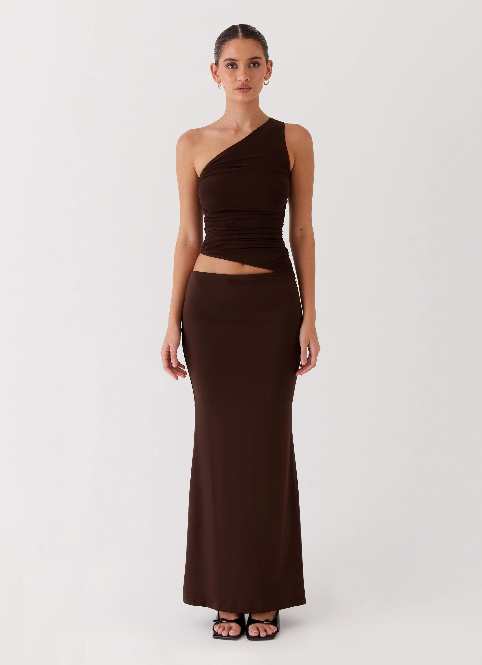 Polished Details Comfortable Layering Seranella One Shoulder Maxi Dress - Chocolate