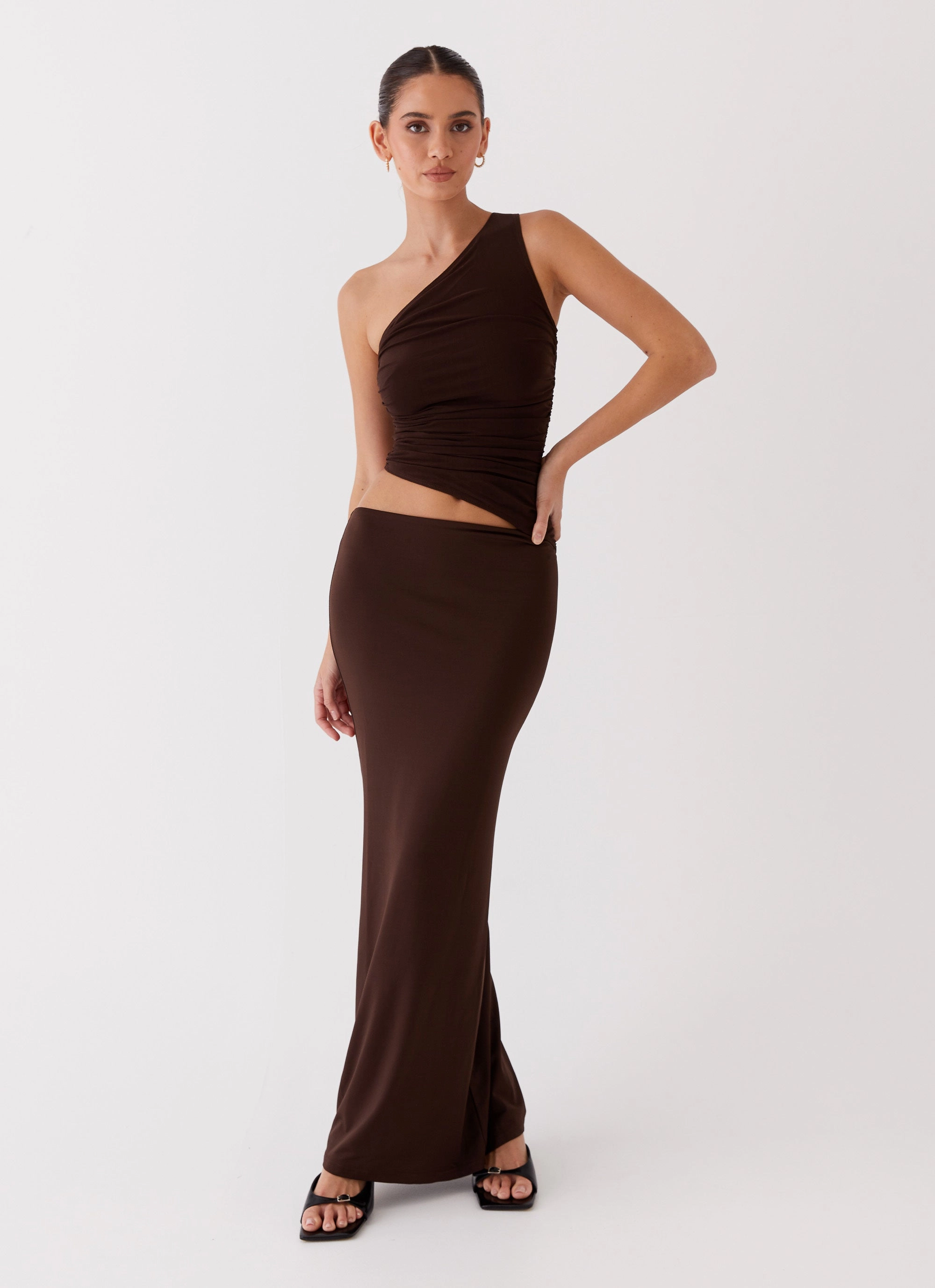 Seranella One Shoulder Maxi Dress - Chocolate Flowy-Shape