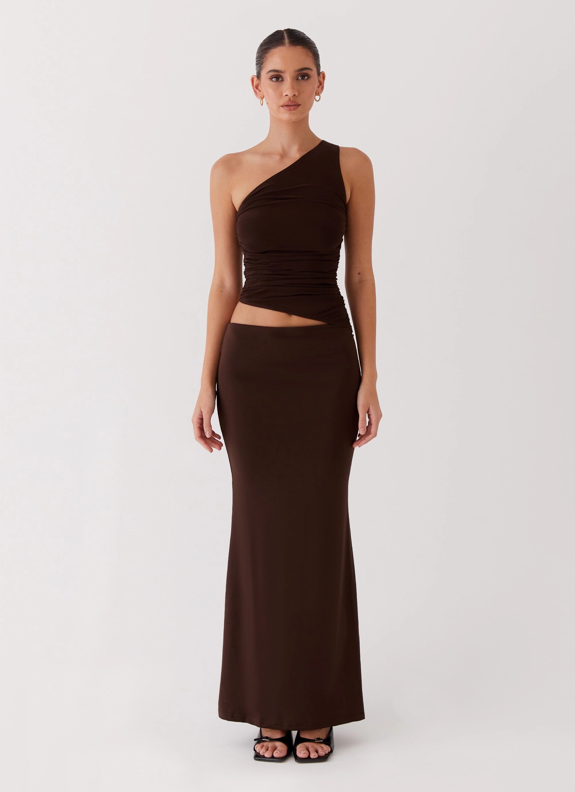 Seranella One Shoulder Maxi Dress - Chocolate Layering Piece Snow Jacket