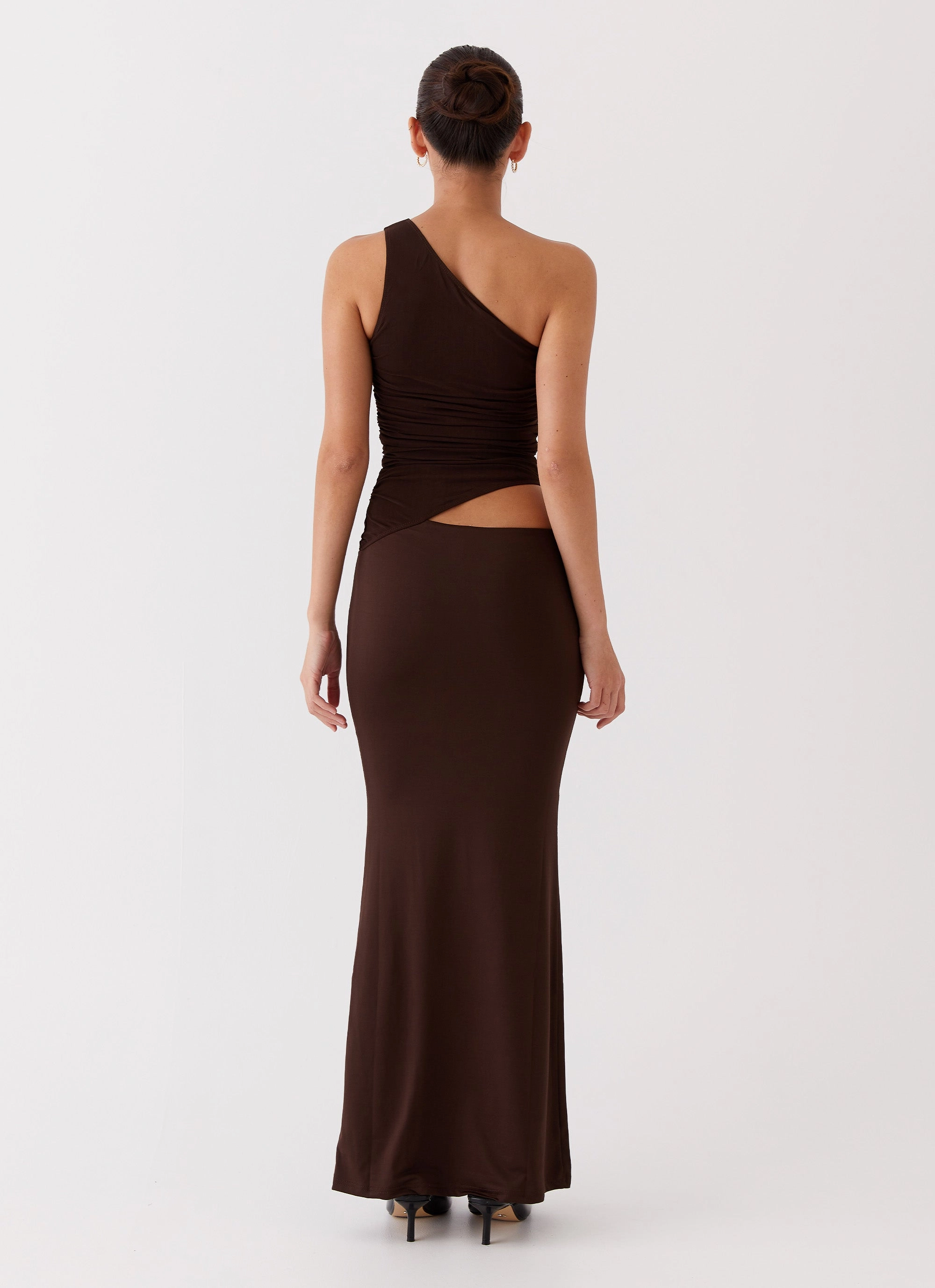Seranella One Shoulder Maxi Dress - Chocolate Padded Layer Utility Coat