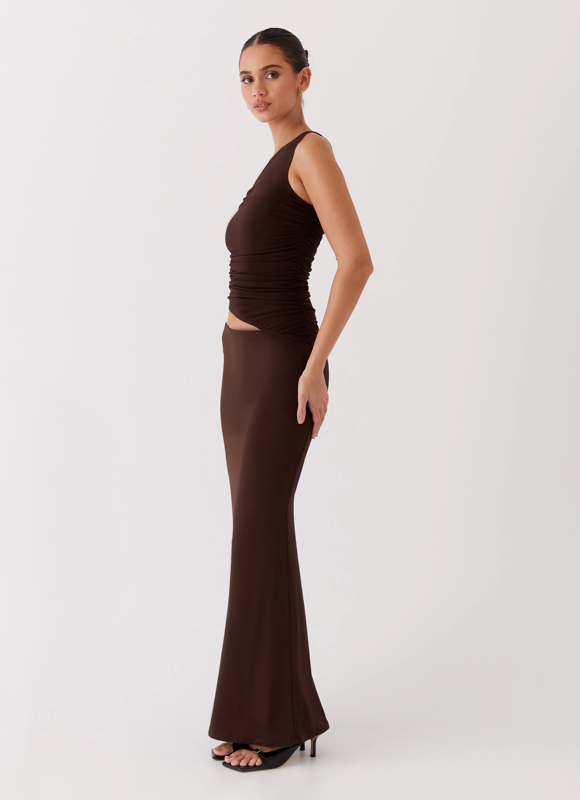 Seranella One Shoulder Maxi Dress - Chocolate Reversible Coat
