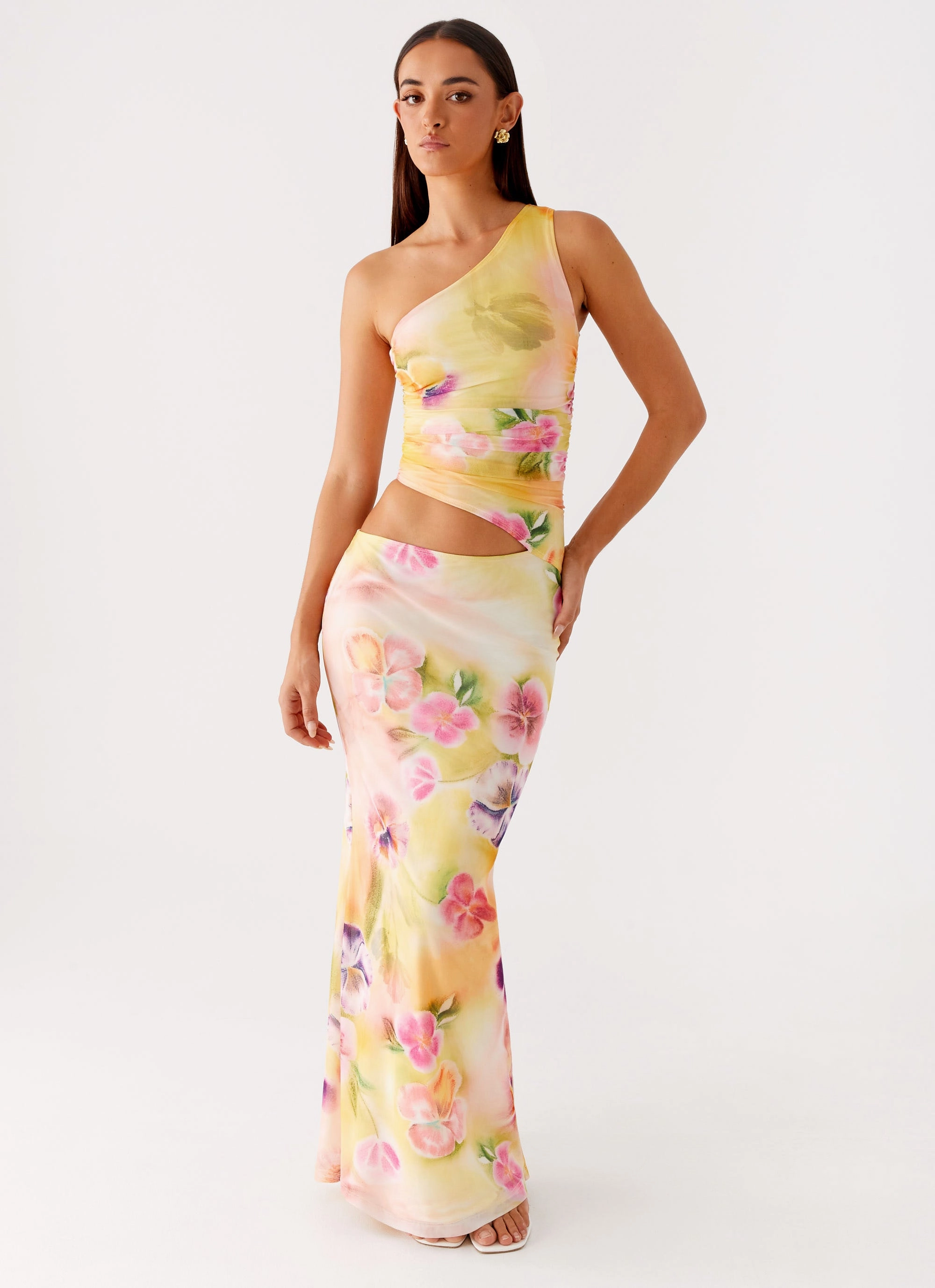 Seranella One Shoulder Maxi Dress - Sunburst Floral Lightweight Design