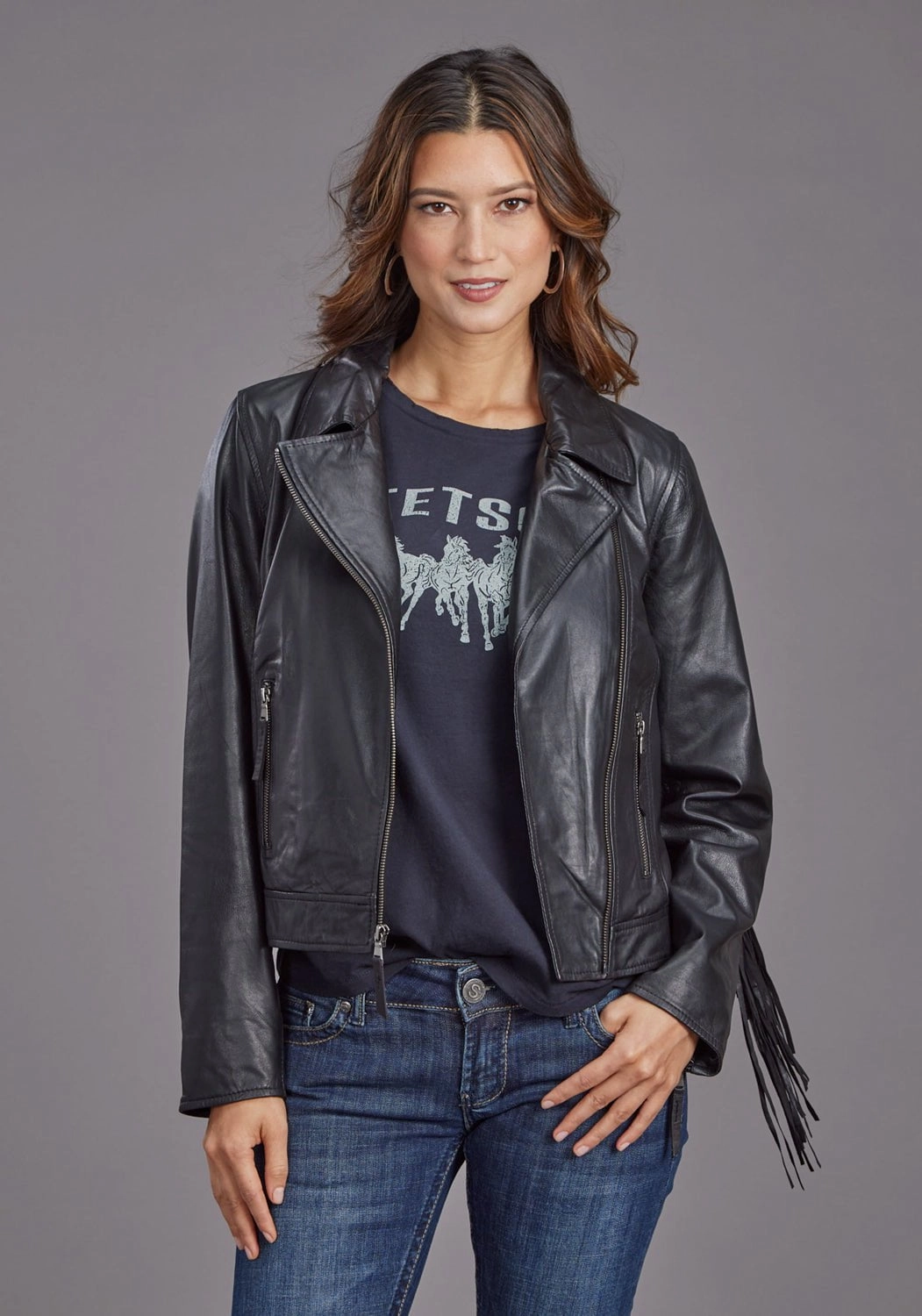 Stetson Womens Smooth Moto Style Black Leather Leather Jacket Thermo Regulating Oversized Fit