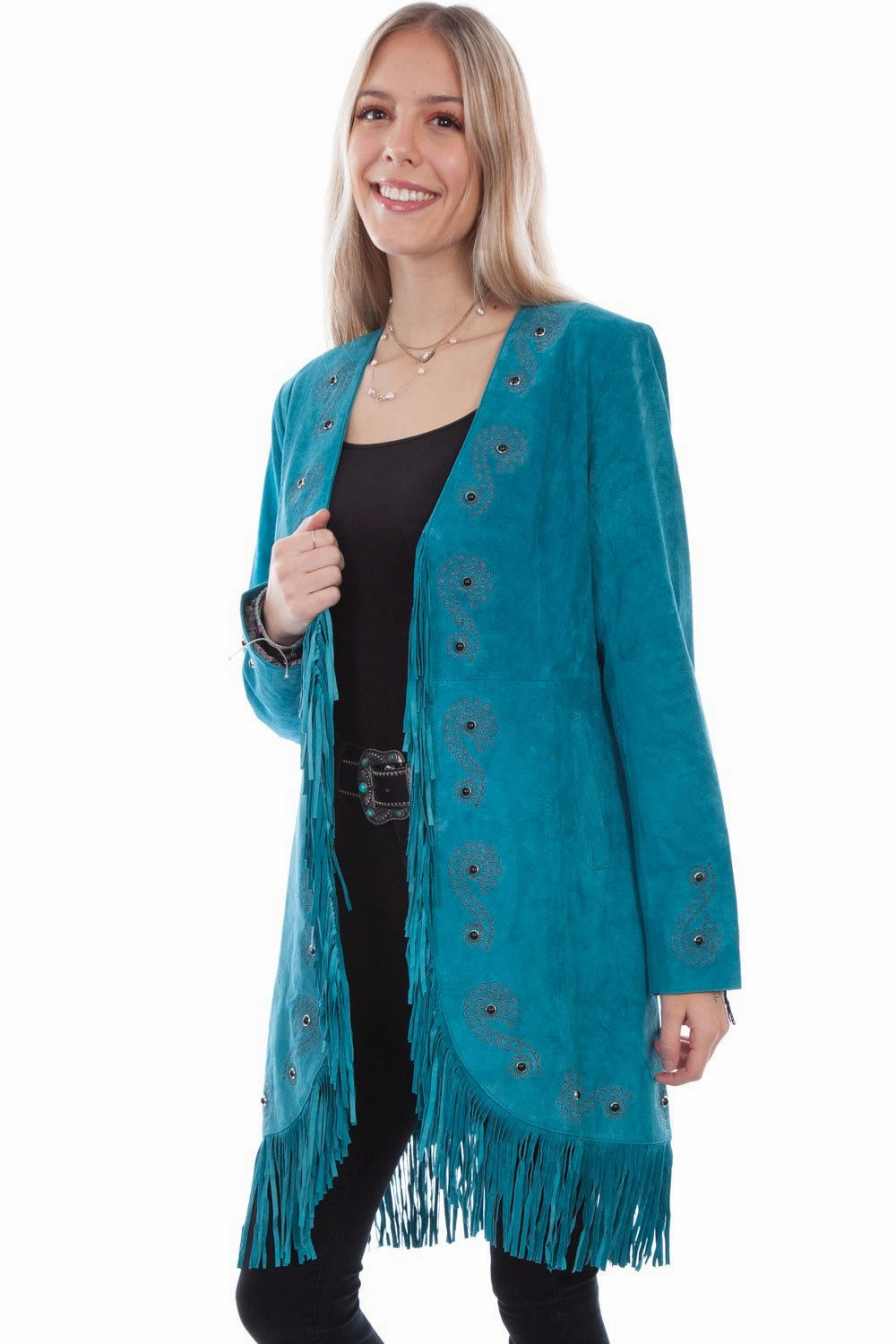 Scully Womens Dark Turquoise Leather Fringe Coat Jacket Single Buttons