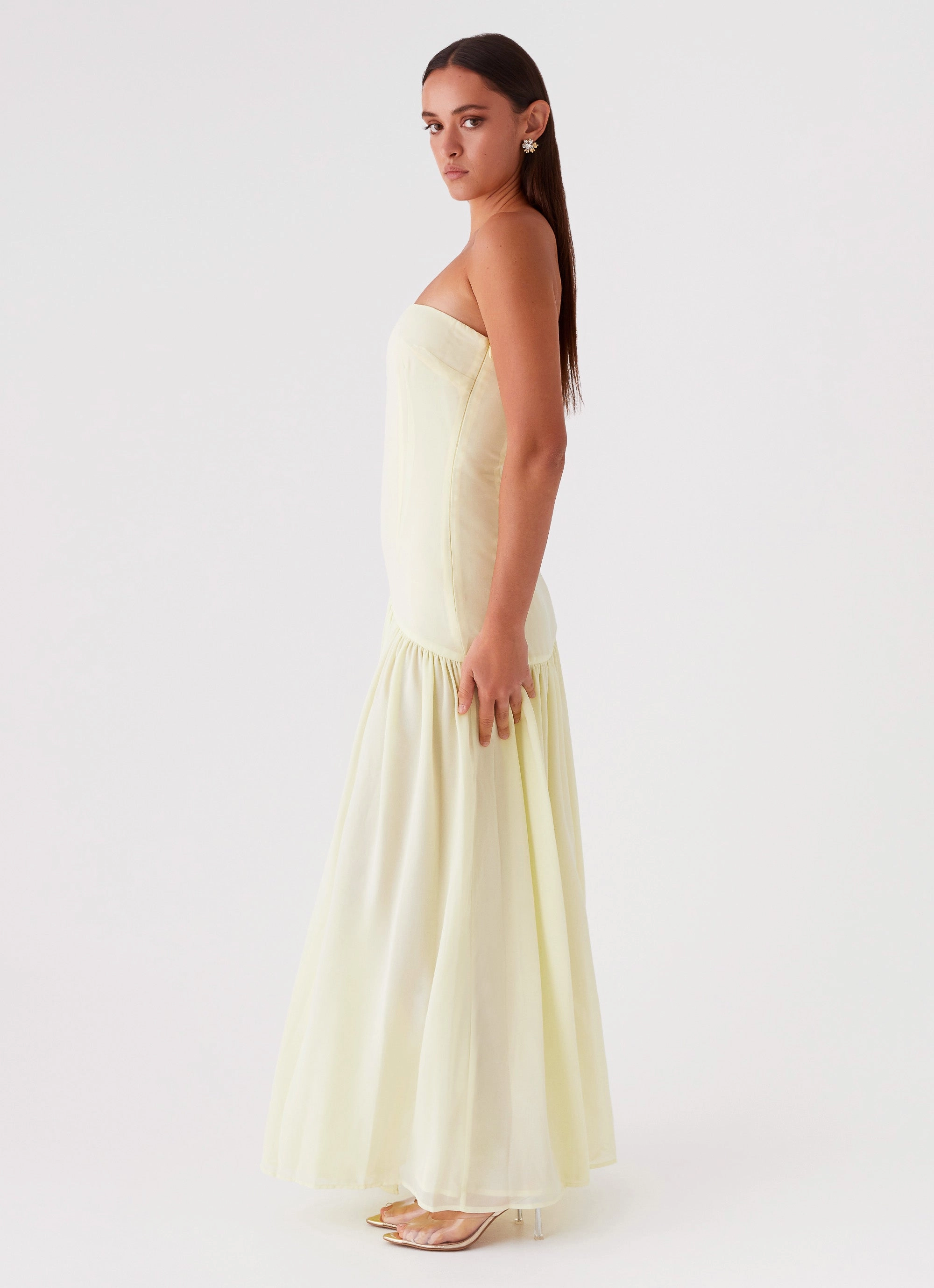 Faux Fur Collar Outdoor Ready Eden Strapless Maxi Dress - Yellow