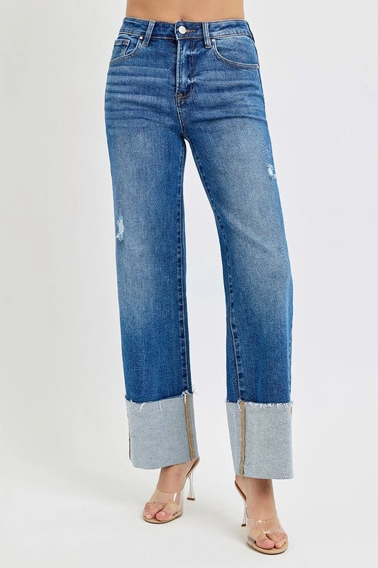 Low Maintenance Fabric Casual Musthave FRANKIE HIGH RISE ANKLE WIDE CUFFED JEANS