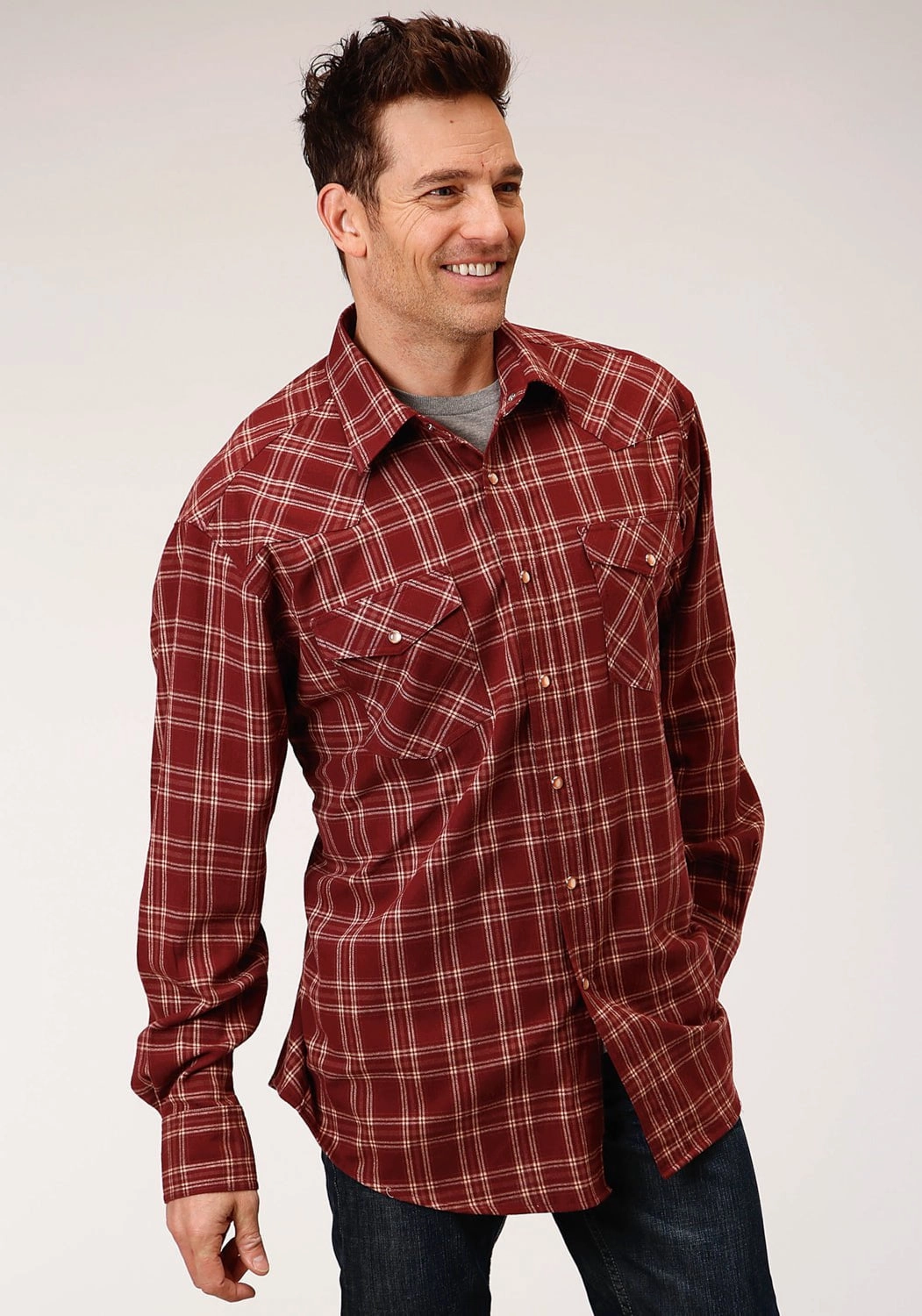 Roper Mens Wine 100% Cotton Unlined Flannel Plaid L/S Tall Shirt Double Needle Hemming