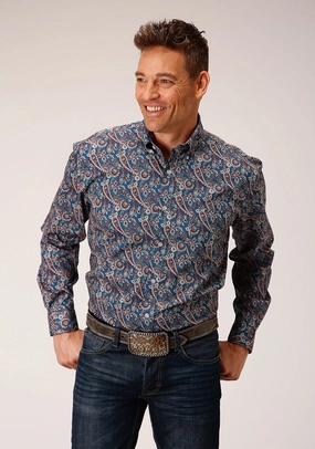 Neutral Colors Designer Look Roper Mens Independence Foulard Blue 100% Cotton L/S Shirt