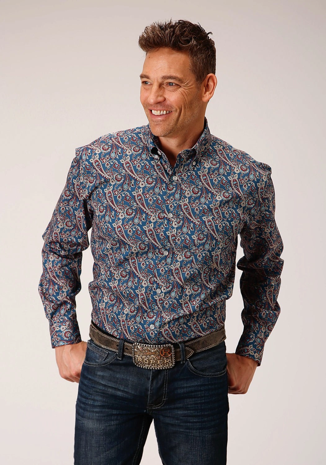 Neutral Colors Designer Look Roper Mens Independence Foulard Blue 100% Cotton L/S Shirt