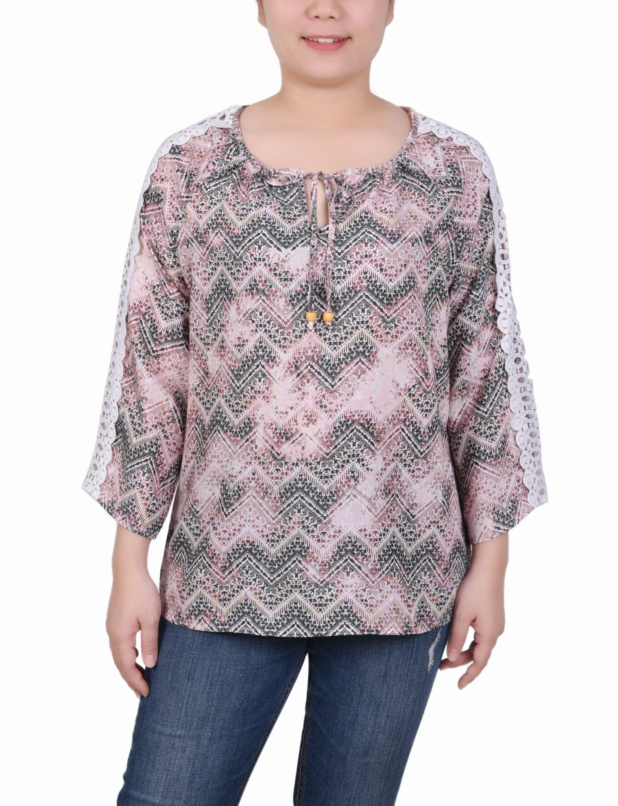 3/4 Sleeve Crochet Detail Blouse Compact Jacquard Weave