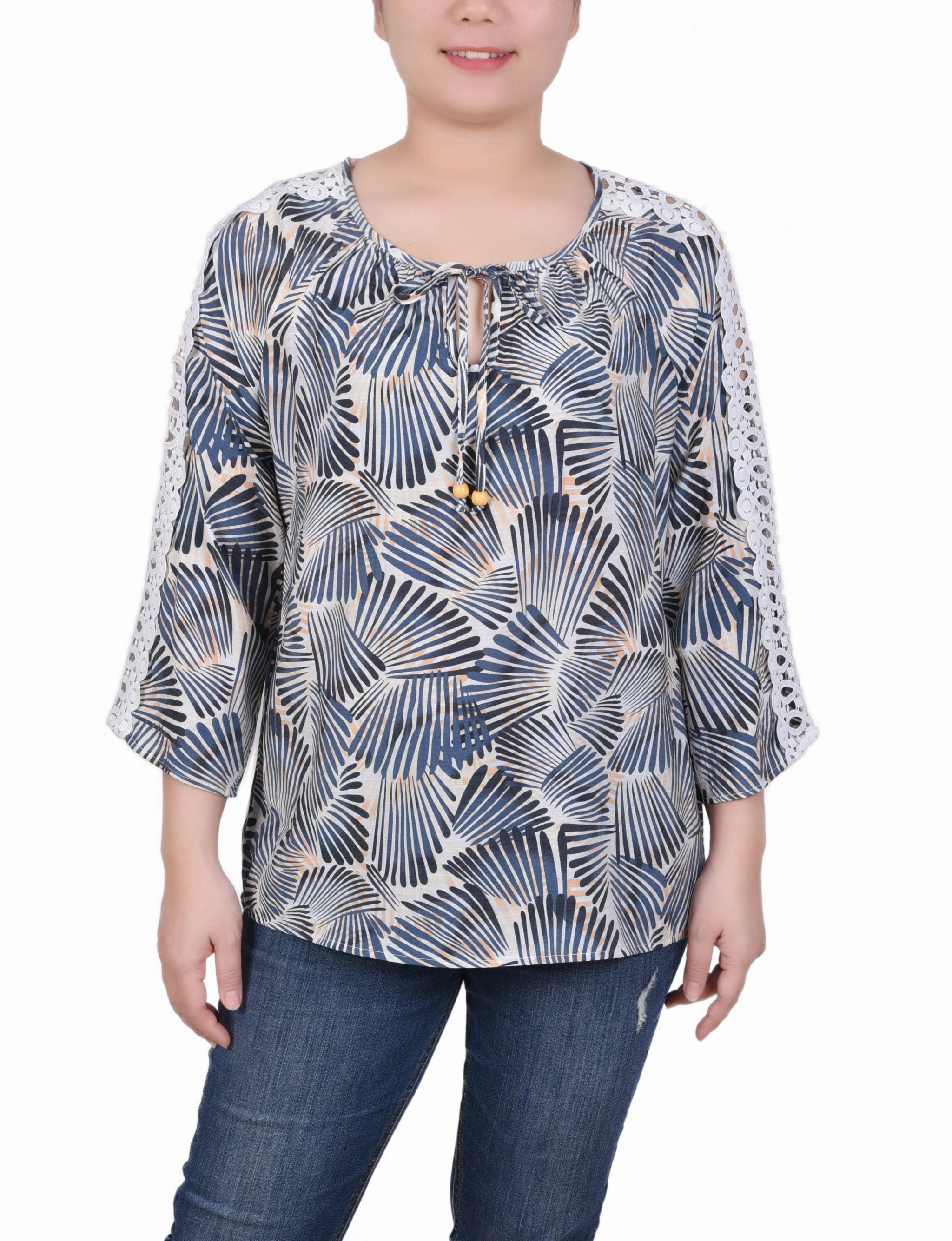 3/4 Sleeve Crochet Detail Blouse stain resistant coating