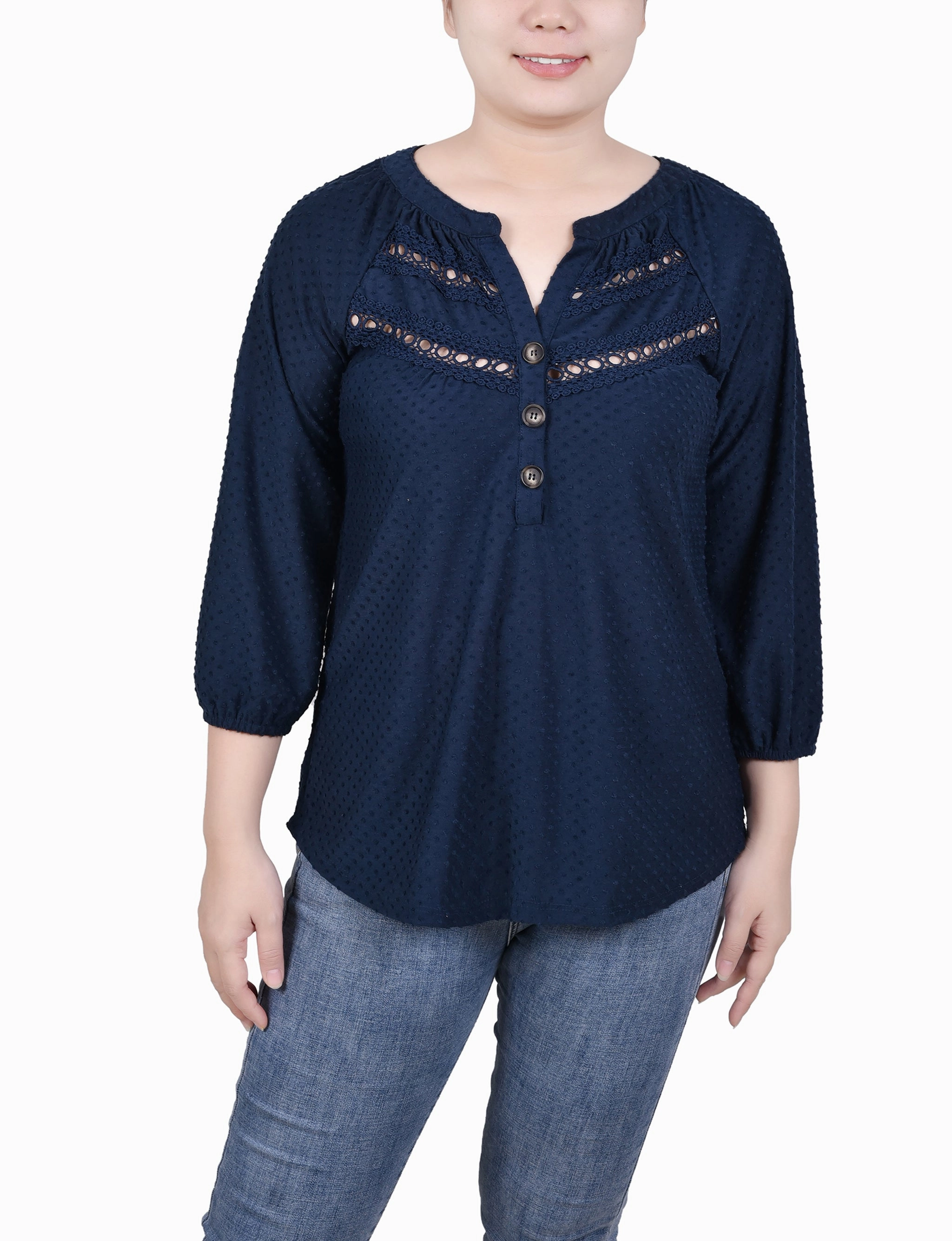 Petite 3/4 Sleeve Swiss Dot Top WaterResistantCoating