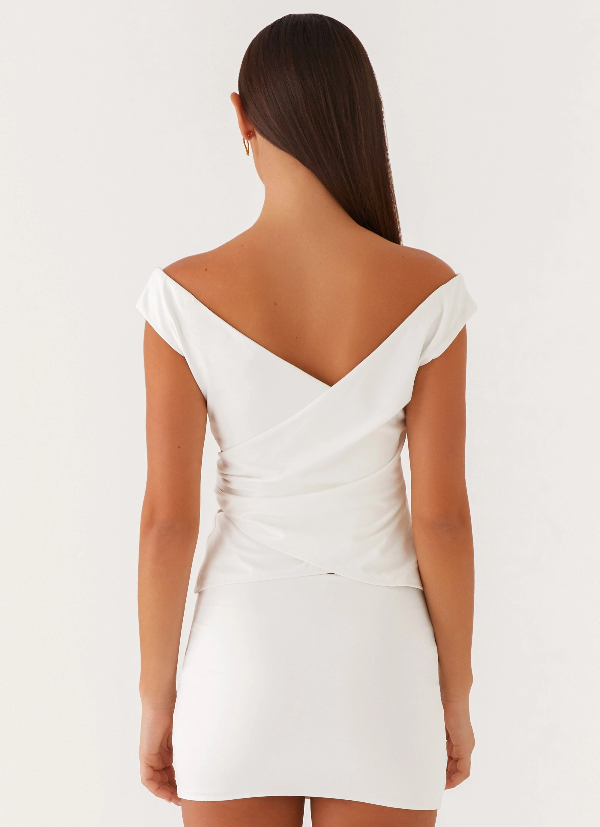 Double Stitched Hems Shoreline Off Shoulder Top - White