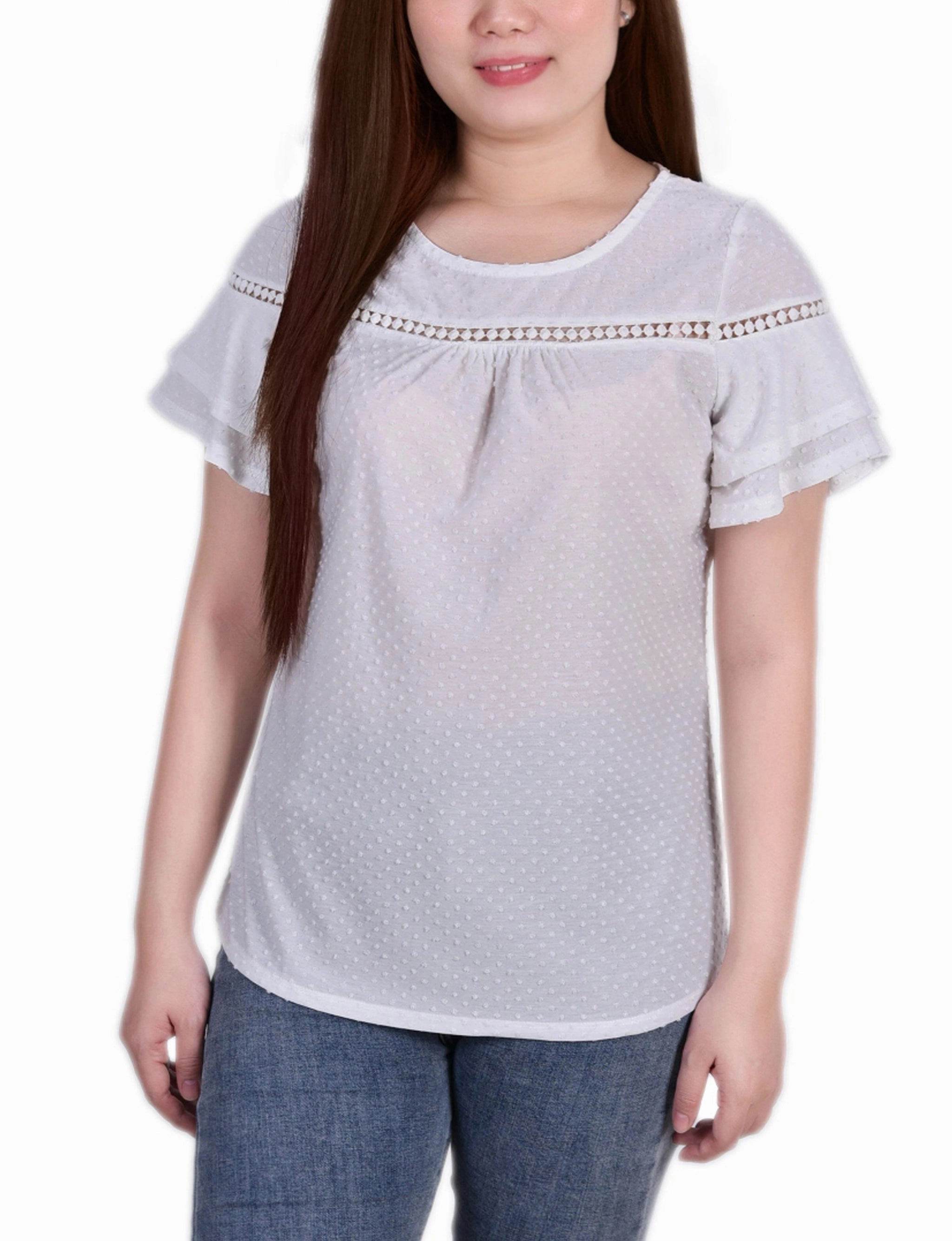 Short Double Flutter Sleeve Swiss Dot Top BondedEdges AntiPillingTechnology