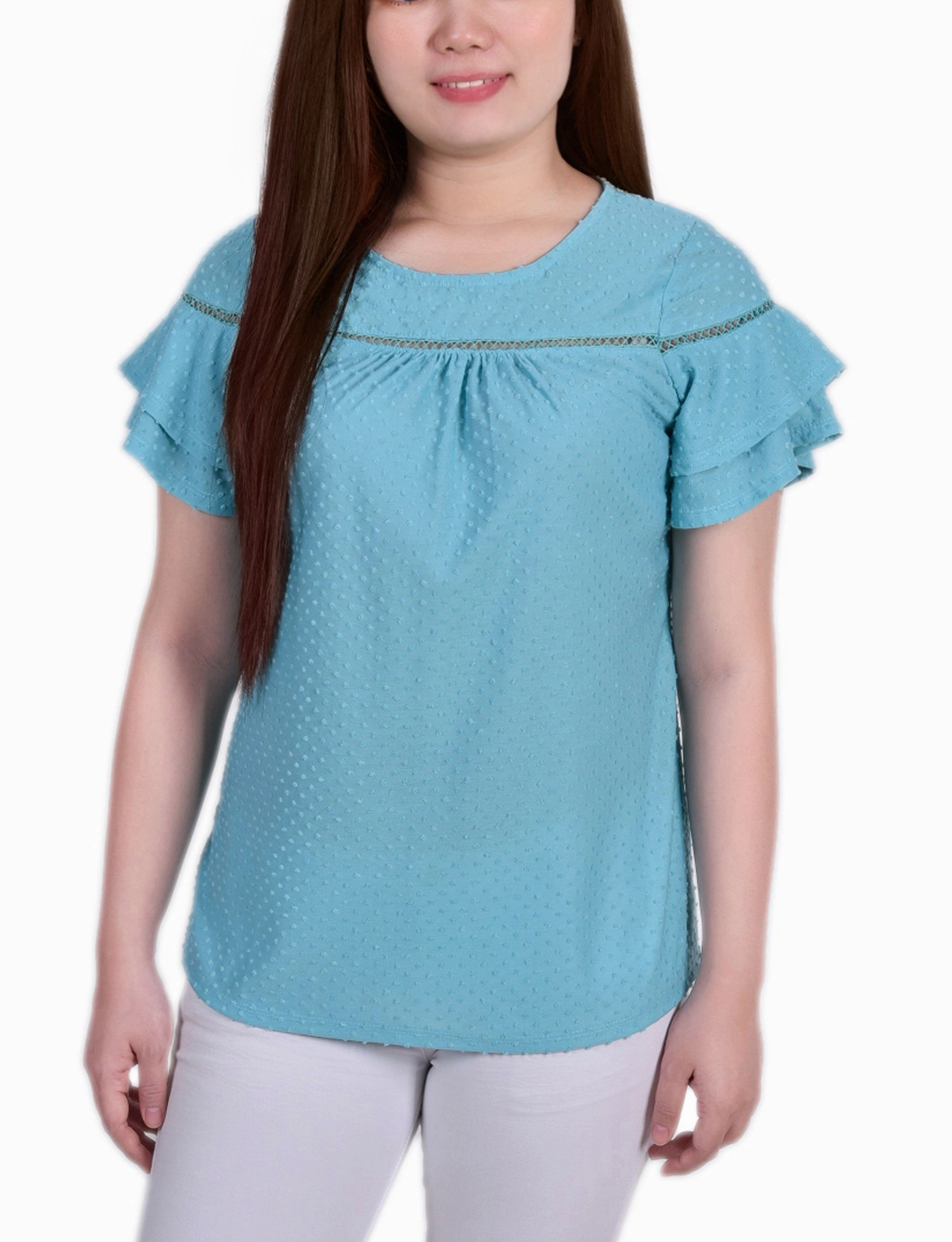 Short Double Flutter Sleeve Swiss Dot Top LaserCut Edges NonChafingTrim