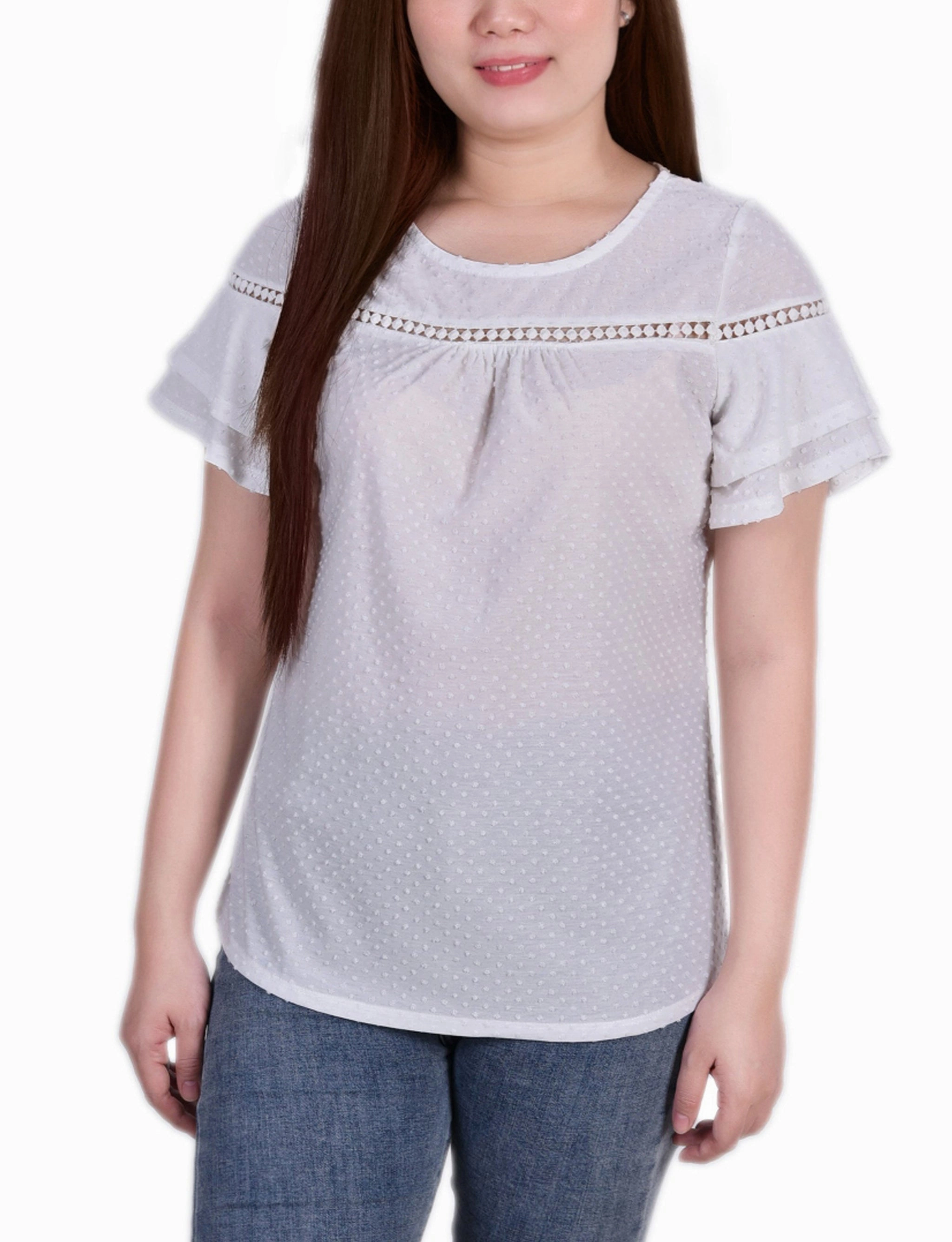 AllPurpose Design Short Double Flutter Sleeve Swiss Dot Top