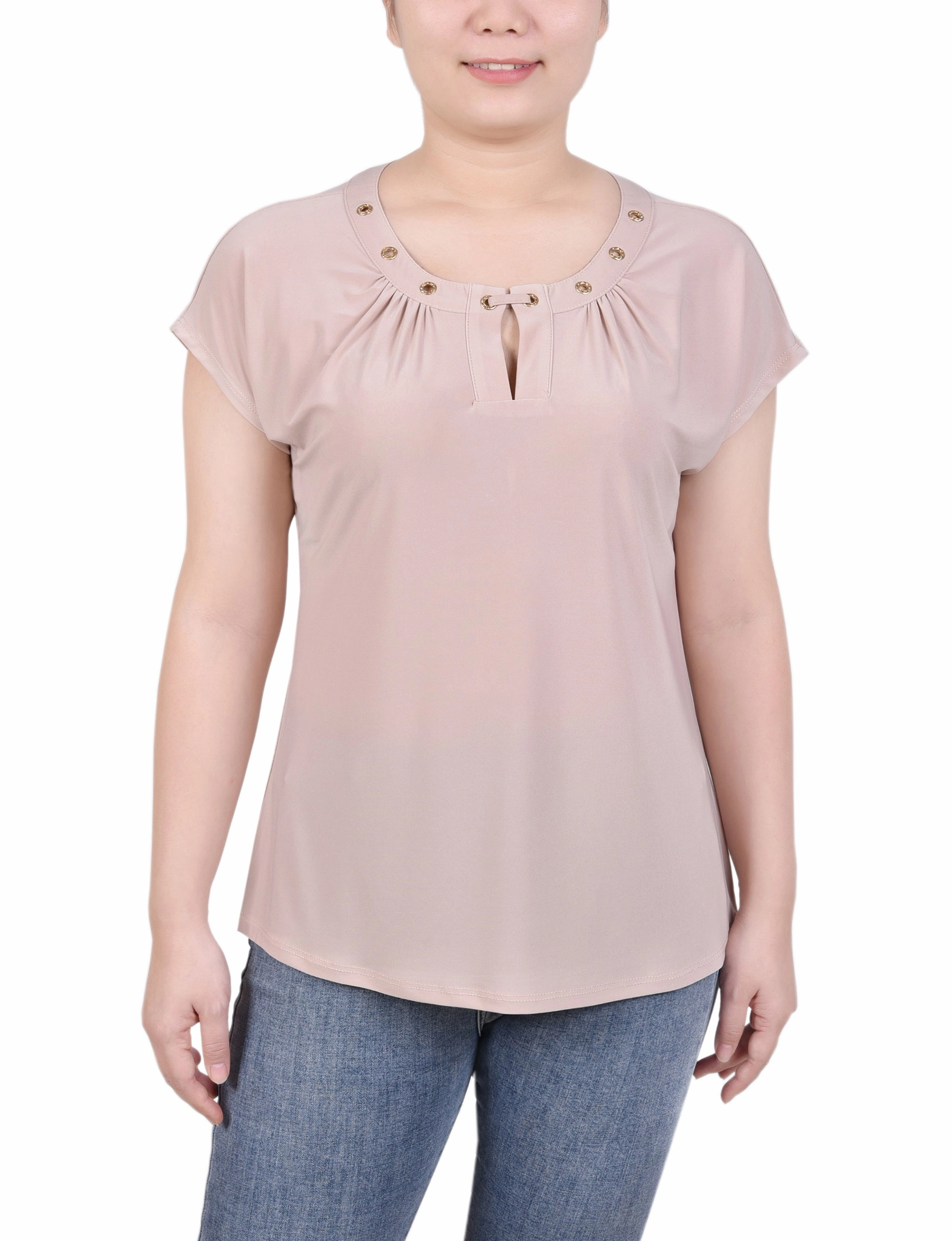 HighDensityFoam Contoured Armhole Design Short Extended-Sleeve Grommet Neck Knit Top