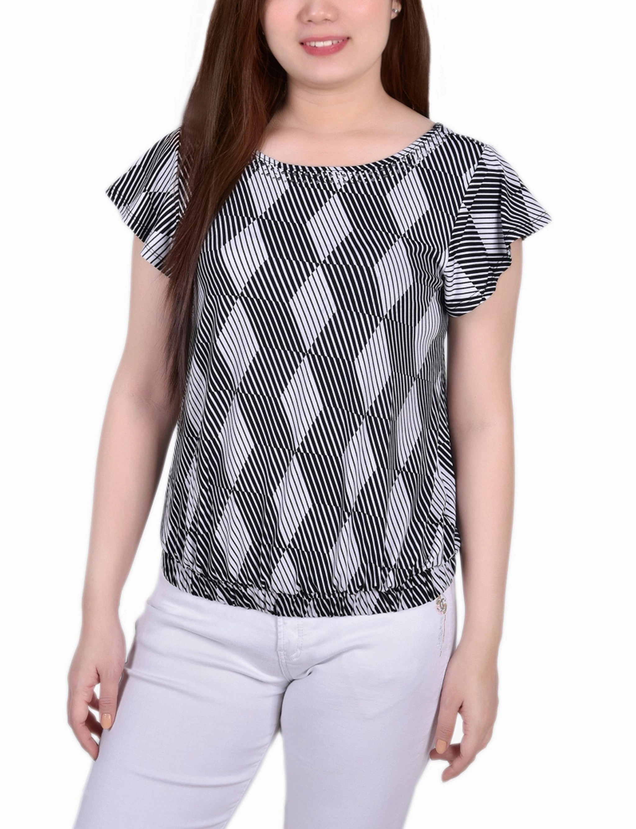 Grid Texture Fabric Short Flutter Sleeve Top With Studded Neckline