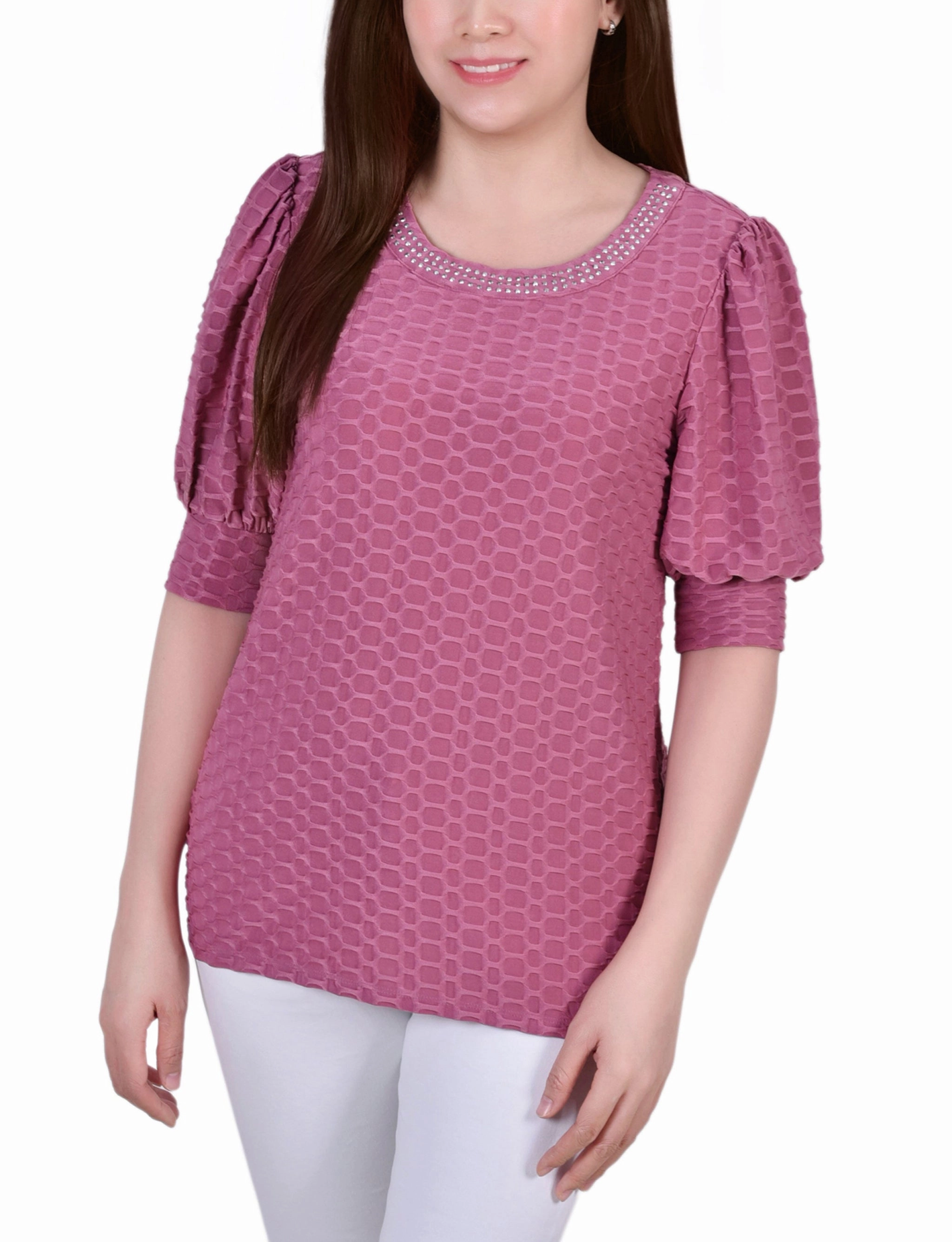 Short Puff Sleeve Honeycomb Top DurableZipper