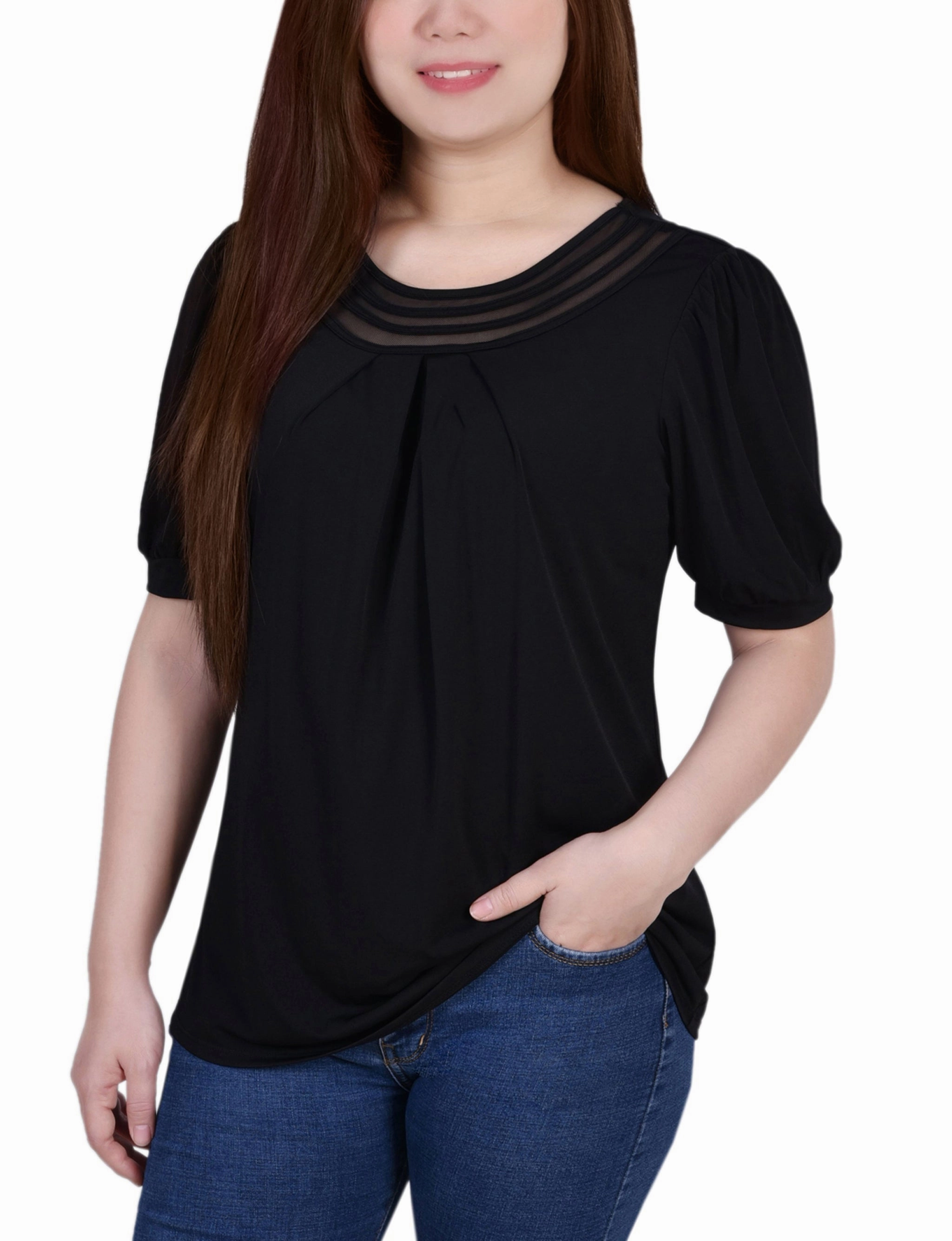 Seamless Design Comfortable Cut Short Puff Sleeve Sheer Inset Top