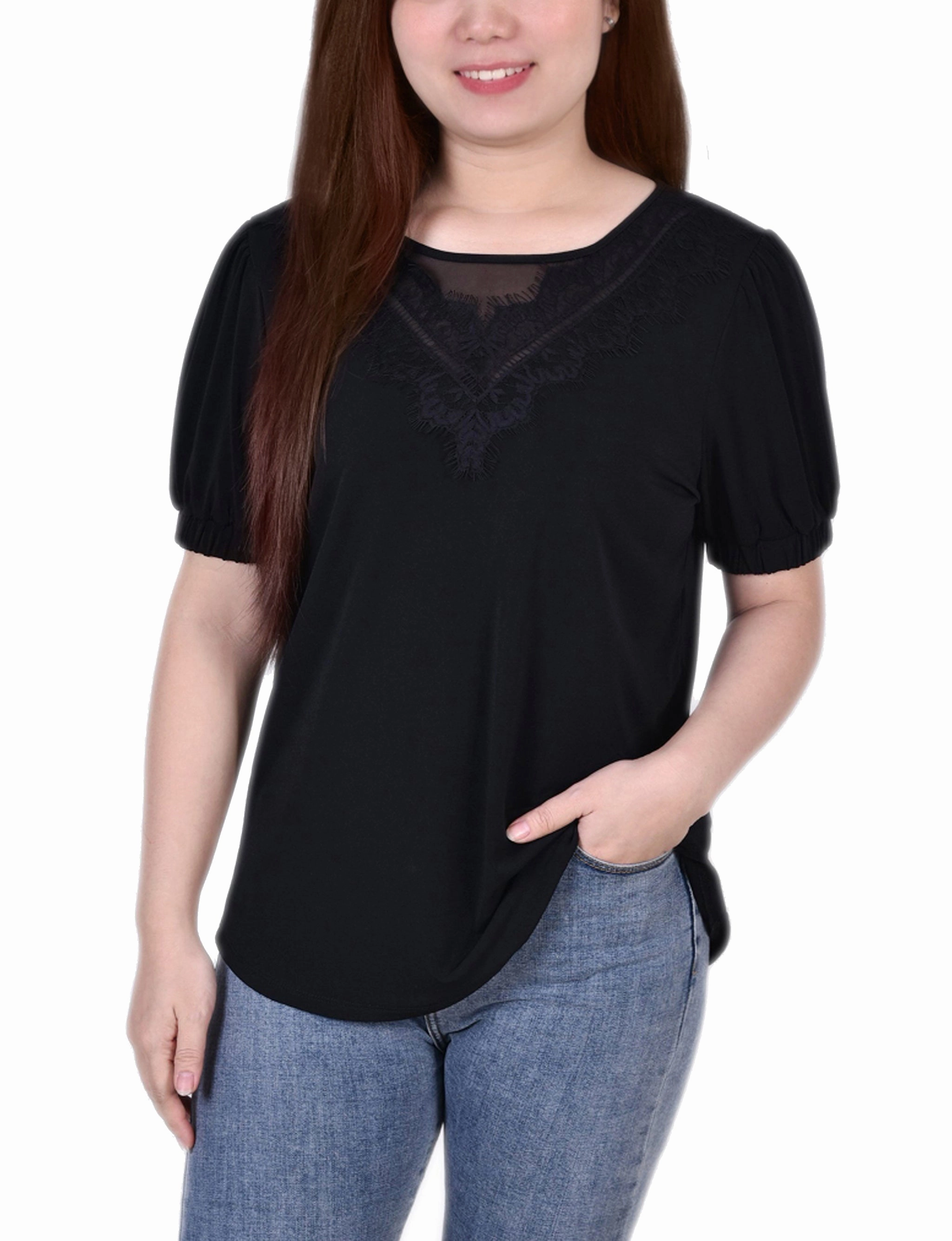 Anti Microbial Lining Short Puff Sleeve Top With Lace