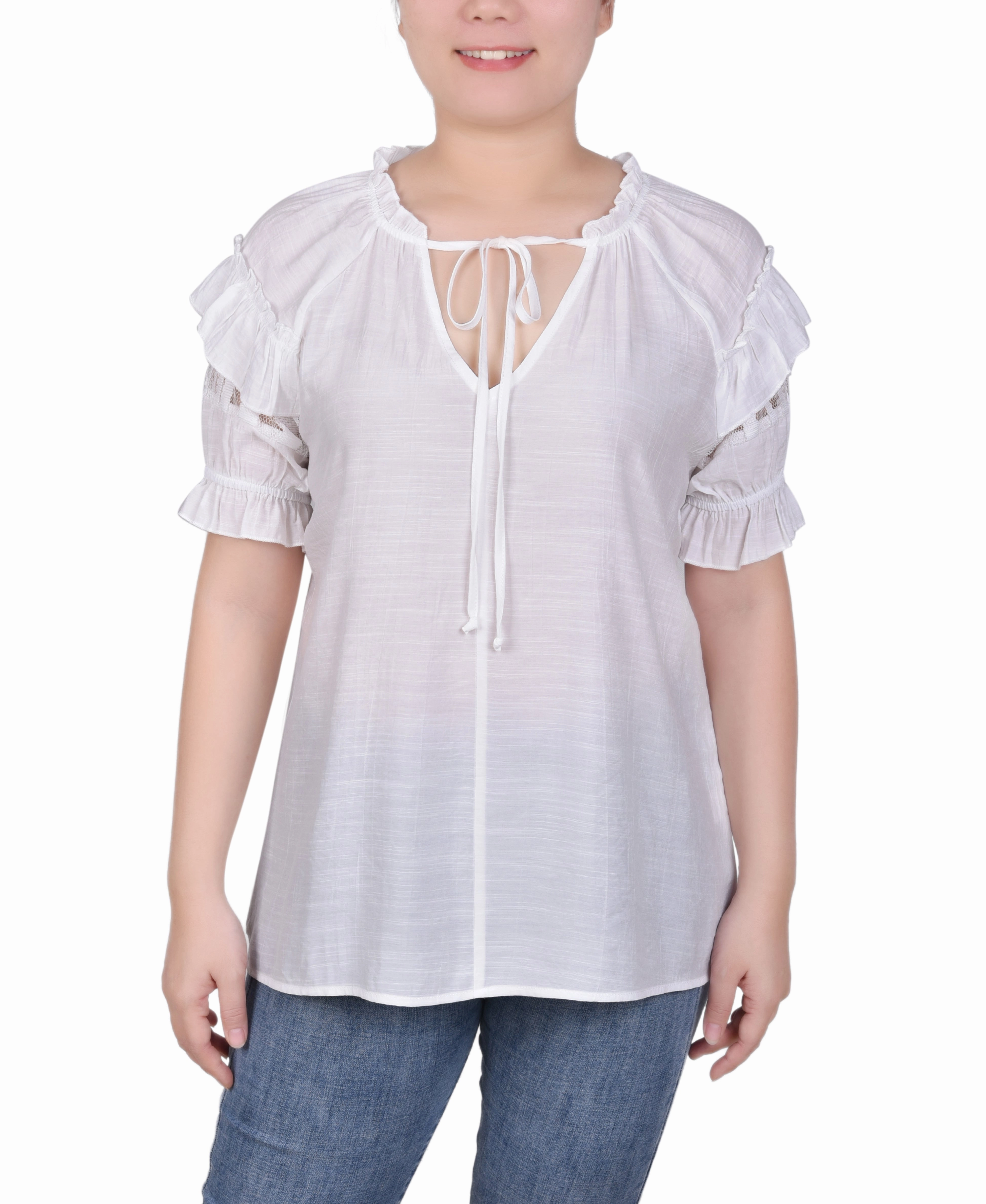 LongWearingComfort Multi Pocket Configuration Short Ruffled Sleeve Blouse