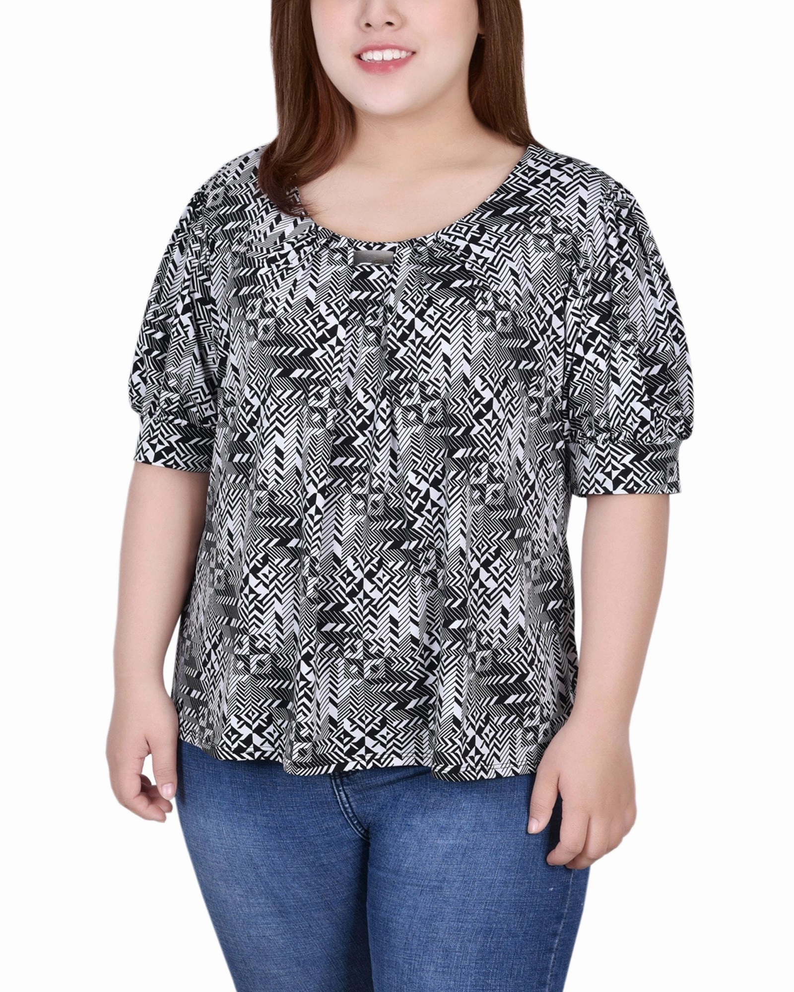 Short Sleeve Balloon Sleeve Top Layered Neckline Stretch Fit
