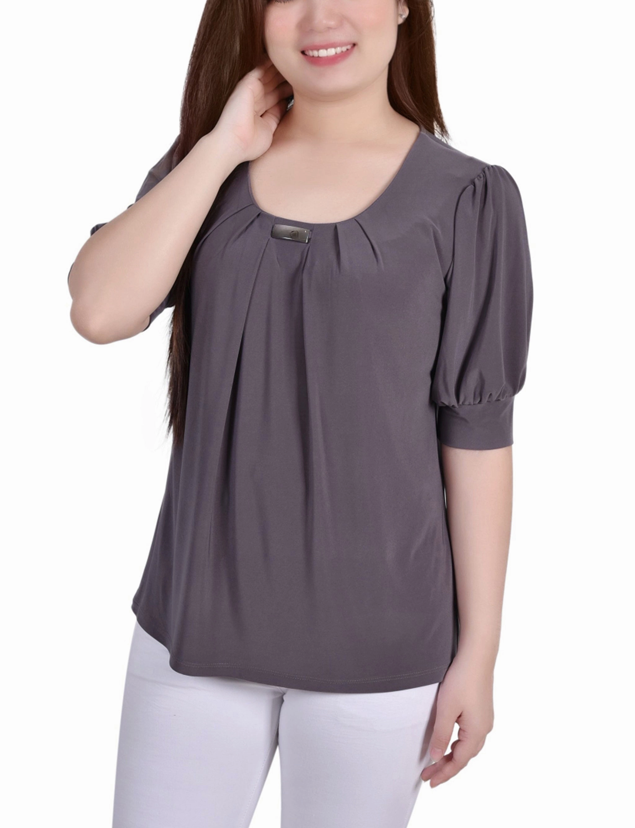 Short Sleeve Balloon Sleeve Top With Hardware Garment Washed Softness Durable Interlock Stitch
