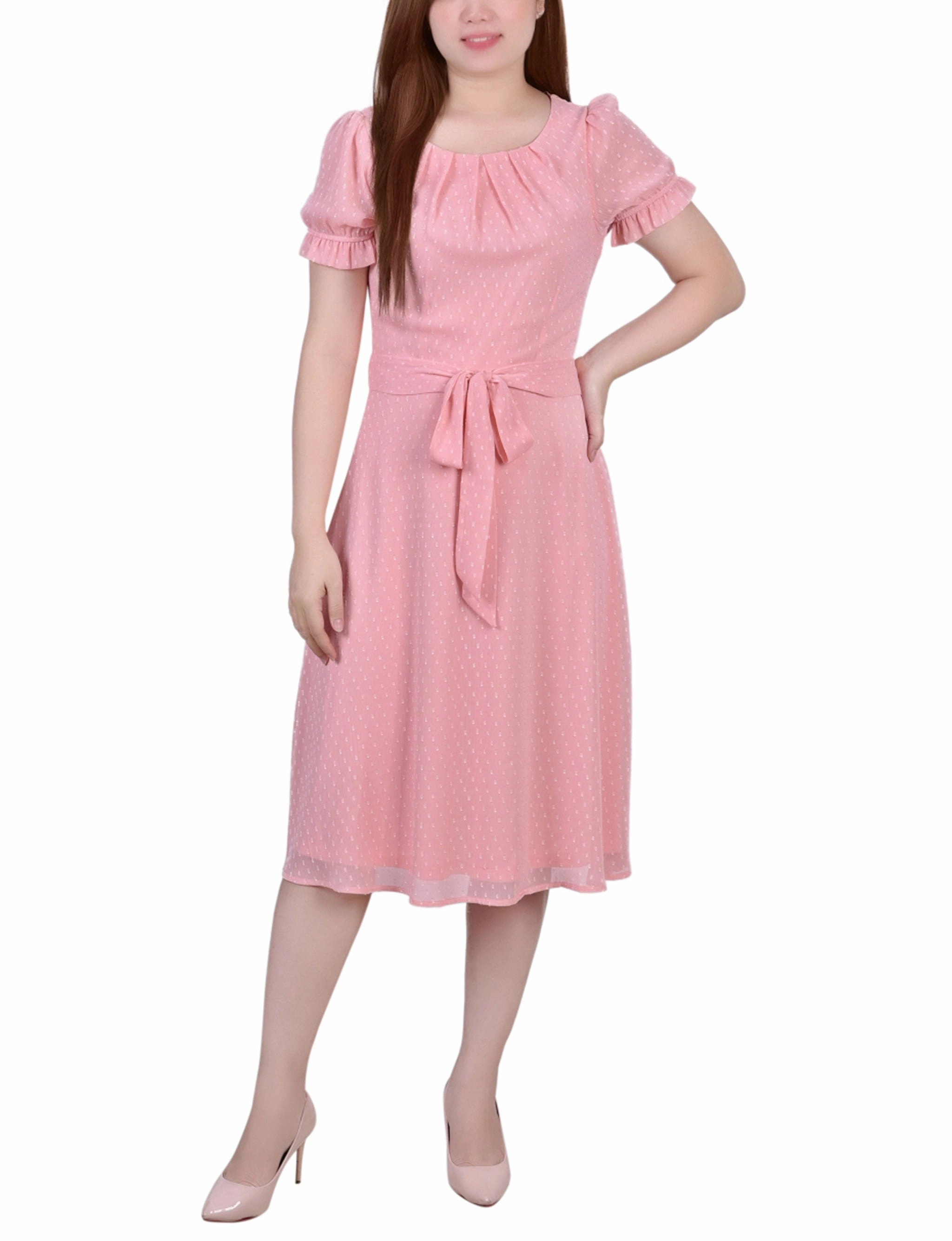 Versatile Layers Short Sleeve Belted Swiss Dot Dress