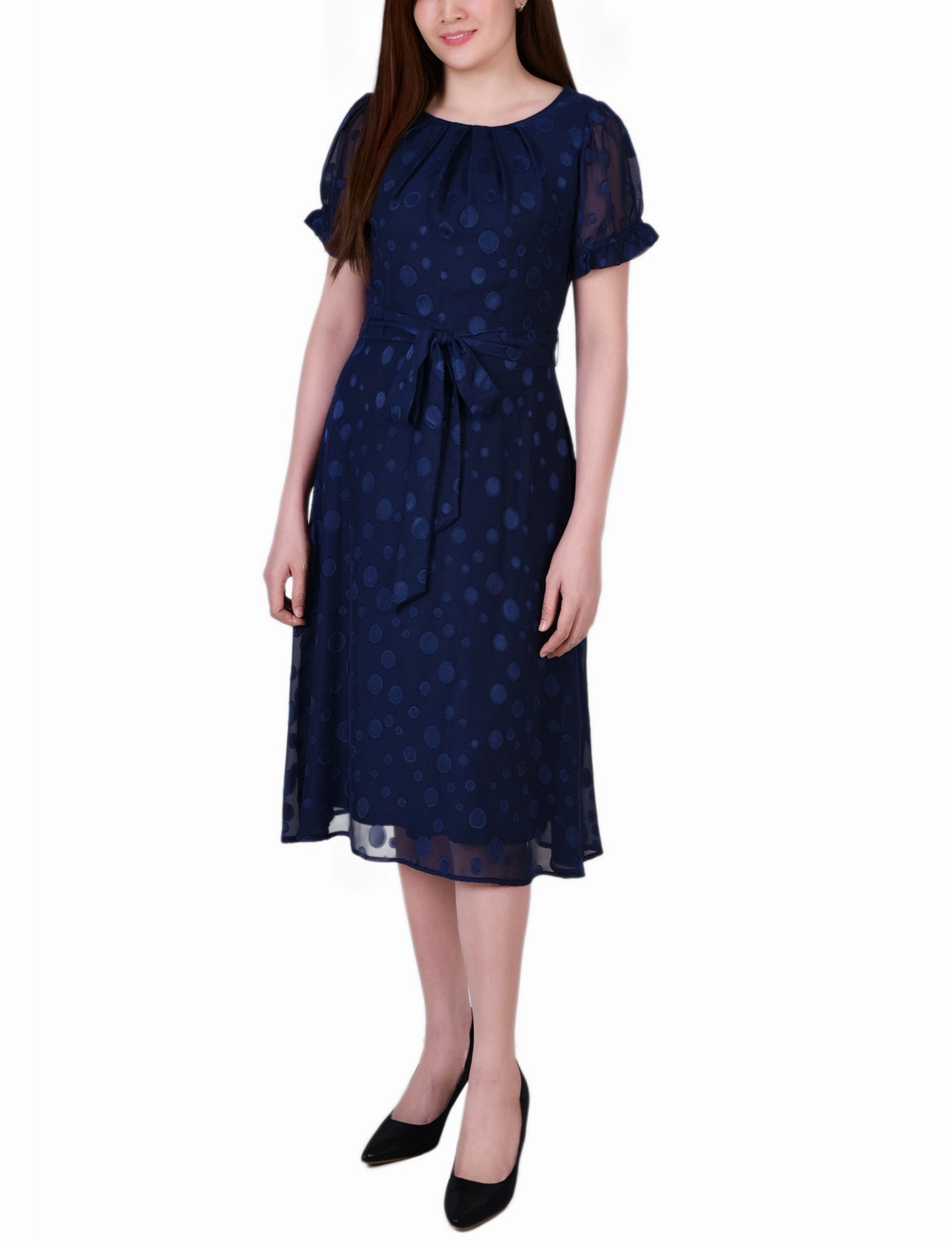 Short Sleeve Belted Swiss Dot Dress museum visit