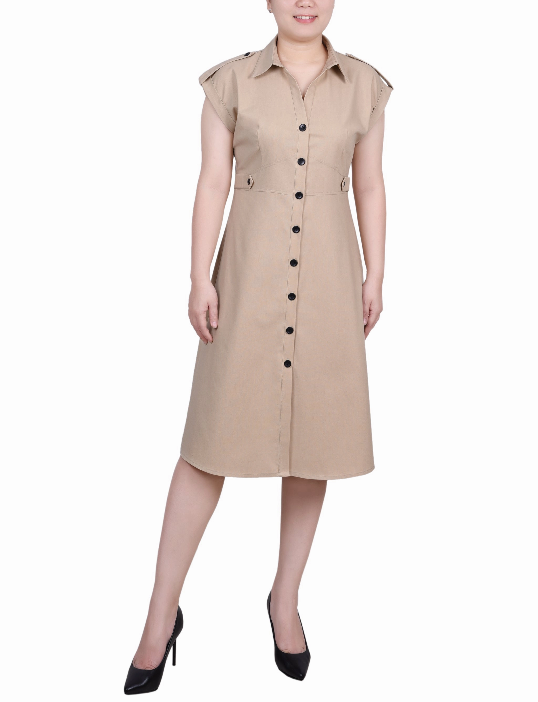 Short Sleeve Button Front Linen Dress Contrast-Lining