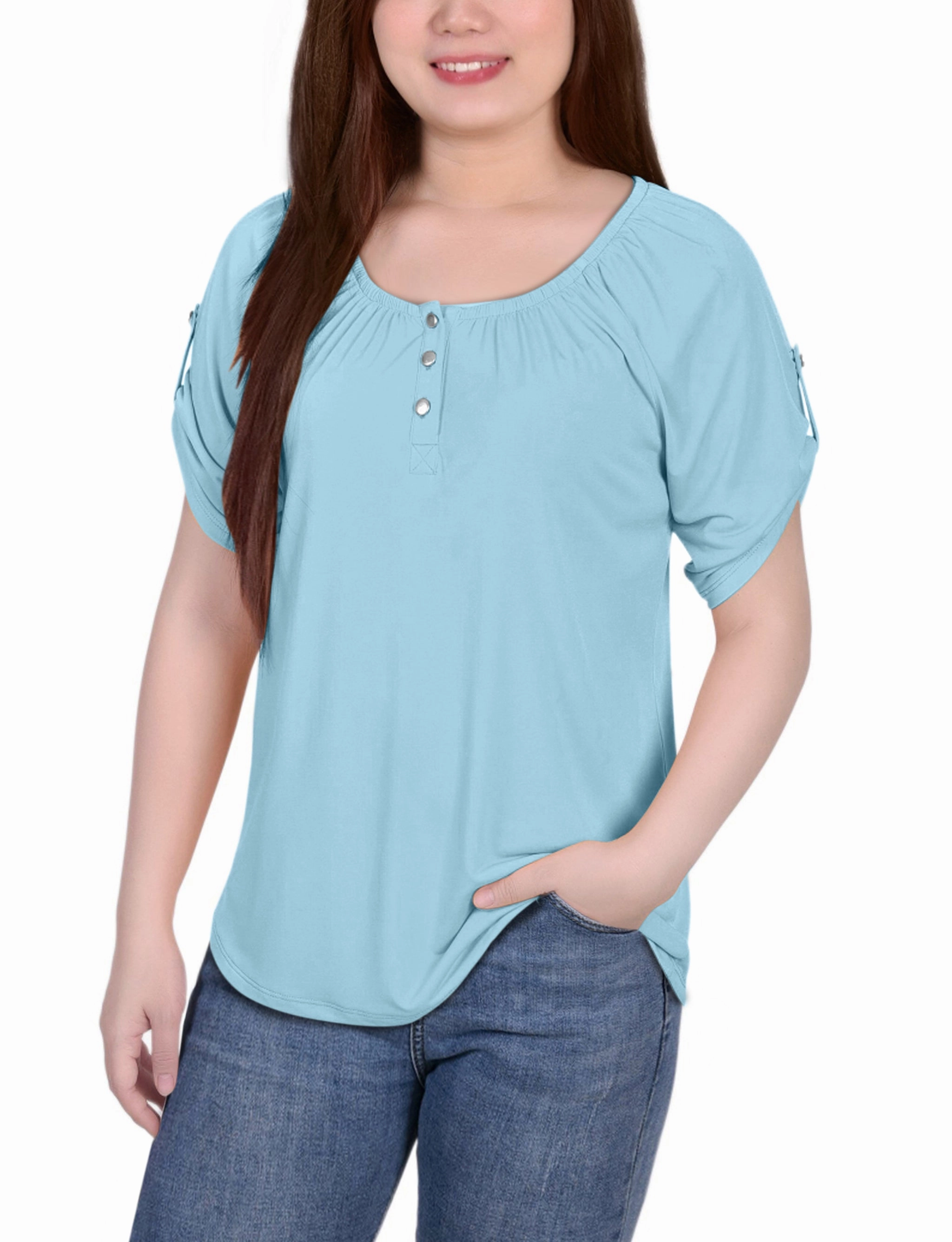 Short Sleeve Round Neck Henley Top CrossGrain Fabric