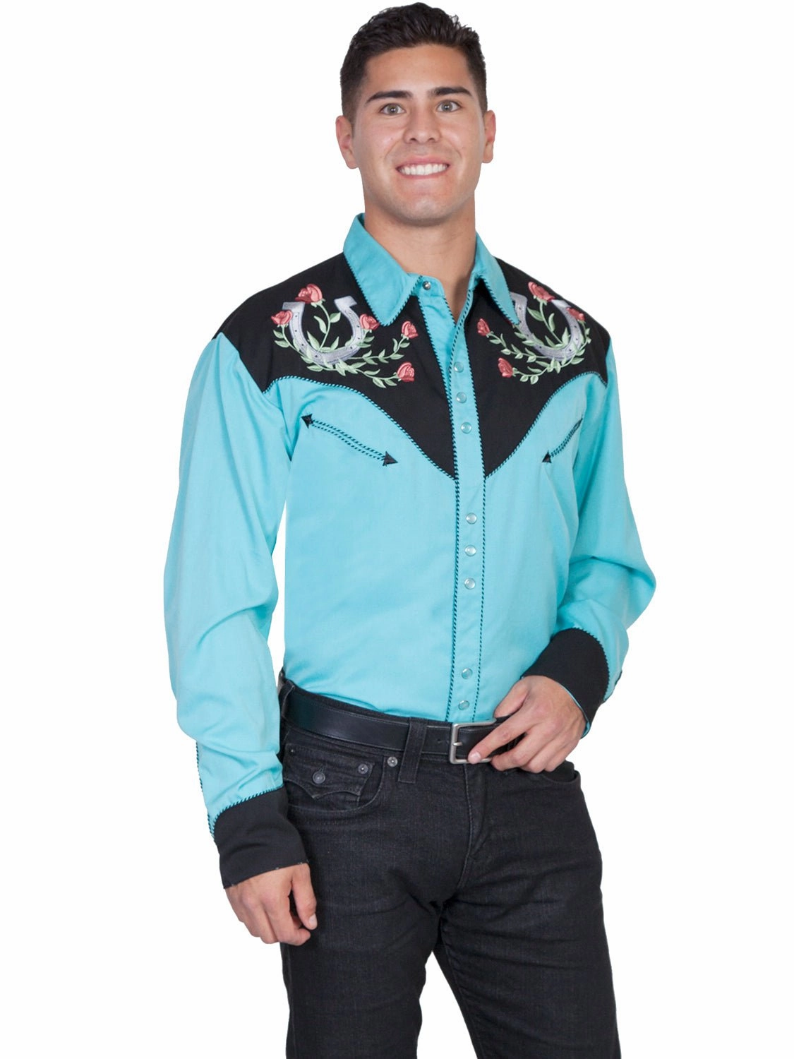 Scully Mens Shirt Western Turquoise Poly Blend Horseshoe Rose Stitch L/S Country Escape