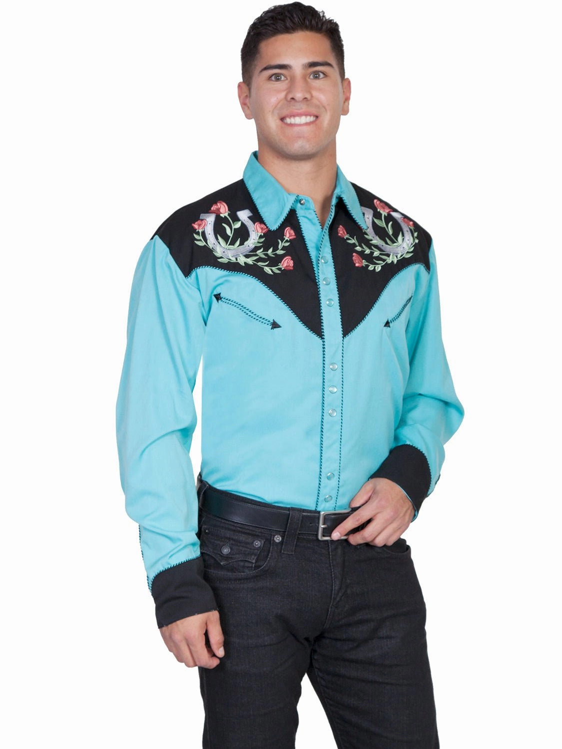 Scully Mens Shirt Western Turquoise Poly Blend Horseshoe Rose Stitch L/S Twill Weave