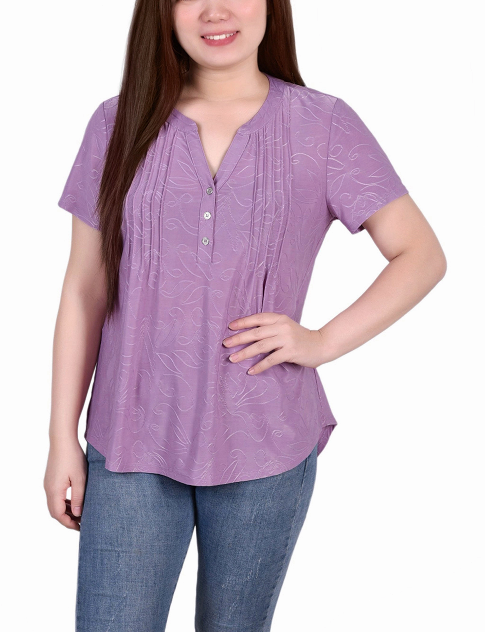 Short Sleeve Y Neck Jacquard Knit Top elegant design