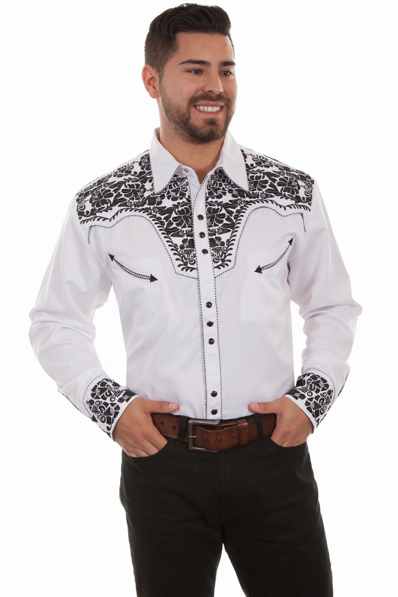 Clean Edge Trim Contemporary Look Scully Mens White/Black Poly/Rayon Tooled Floral L/S Shirt