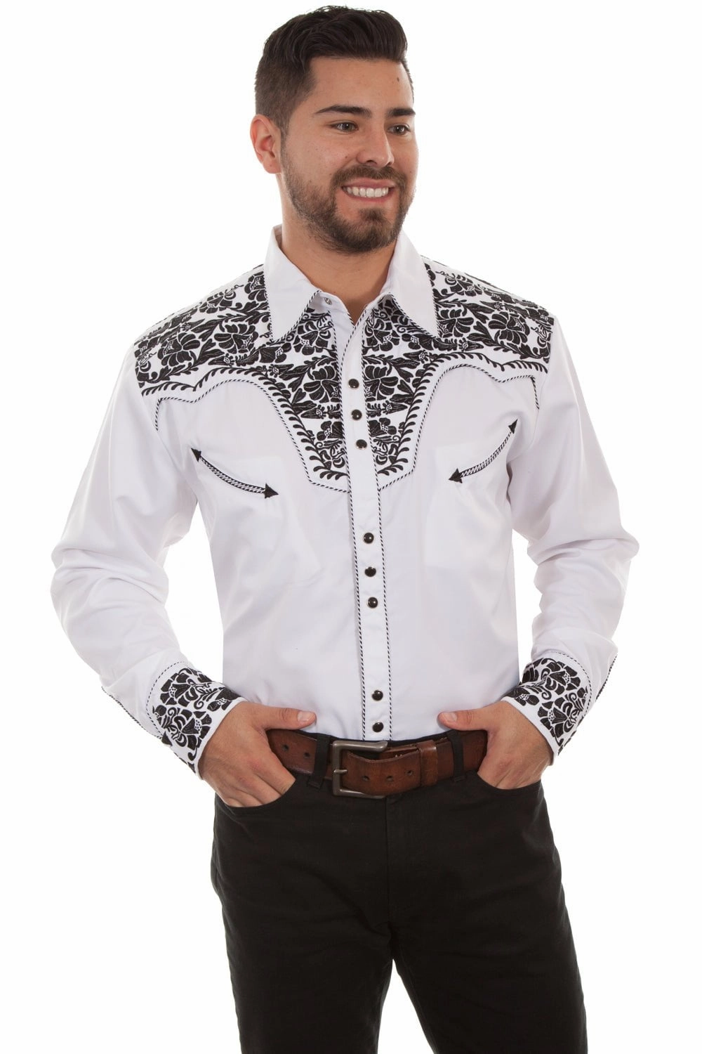 shopping spree Stretchable Cloth Scully Mens White/Black Poly/Rayon Tooled Floral L/S Shirt